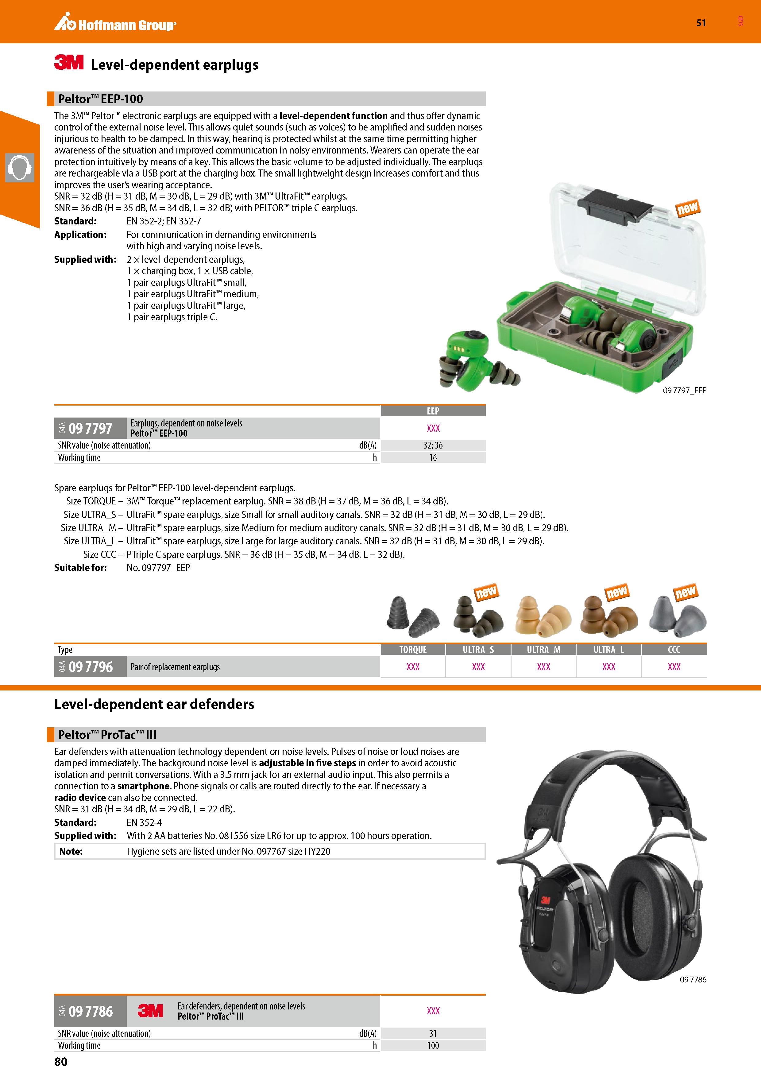 80 Hoffmann Group 51 3M Level-dependent earplugs Peltor EEP-100 The 3M Peltor electronic earplugs are equipped with a level-dependent function and t Каталог HOFFMANN GROUP 2020 Средства индивидуальной защиты органов зрения дыхания кожи СИЗ от поражения электрическим током шума Защитные перчатки Очки Специальная одежда Стр. 80