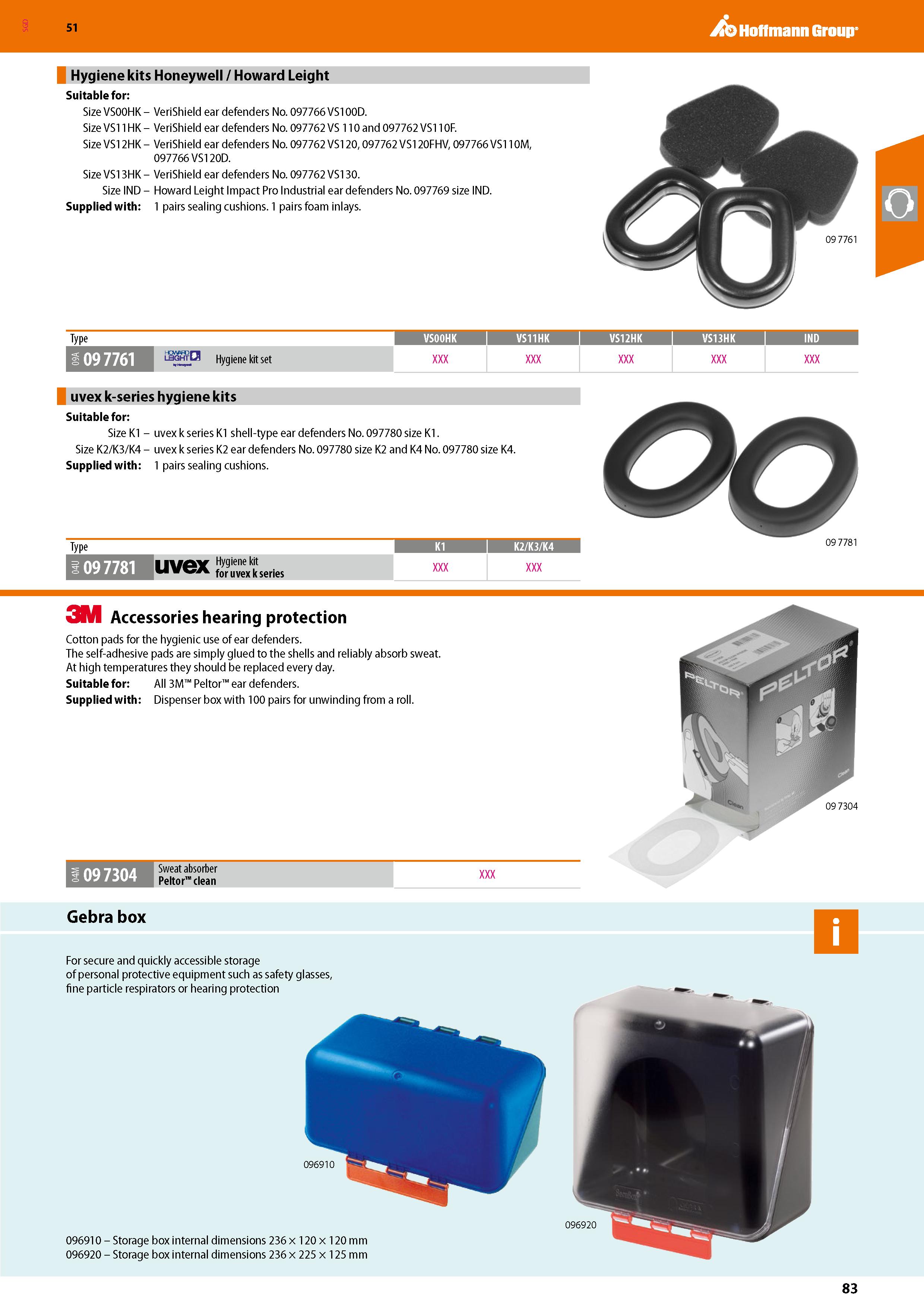 83 SGD Hoffmann Group 51 Hygiene kits Honeywell / Howard Leight Suitable for: Size VS00HK - VeriShield ear defenders No 097766 VS100D Size VS11HK - Каталог HOFFMANN GROUP 2020 Средства индивидуальной защиты органов зрения дыхания кожи СИЗ от поражения электрическим током шума Защитные перчатки Очки Специальная одежда Стр. 83