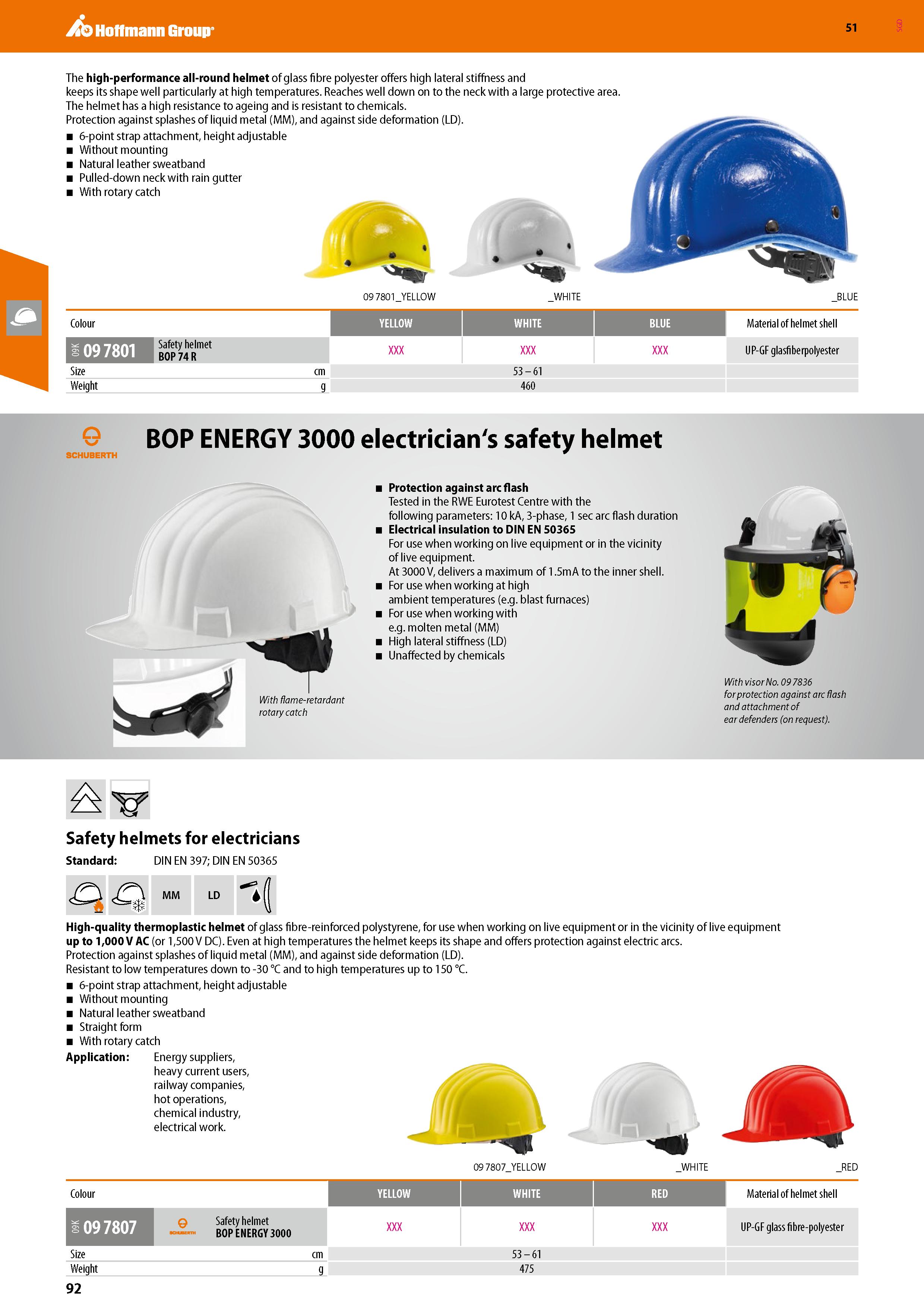 92 Hoffmann Group 51 The high-performance all-round helmet of glass fibre polyester offers high lateral stiffness and keeps its shape well particula Каталог HOFFMANN GROUP 2020 Средства индивидуальной защиты органов зрения дыхания кожи СИЗ от поражения электрическим током шума Защитные перчатки Очки Специальная одежда Стр. 92