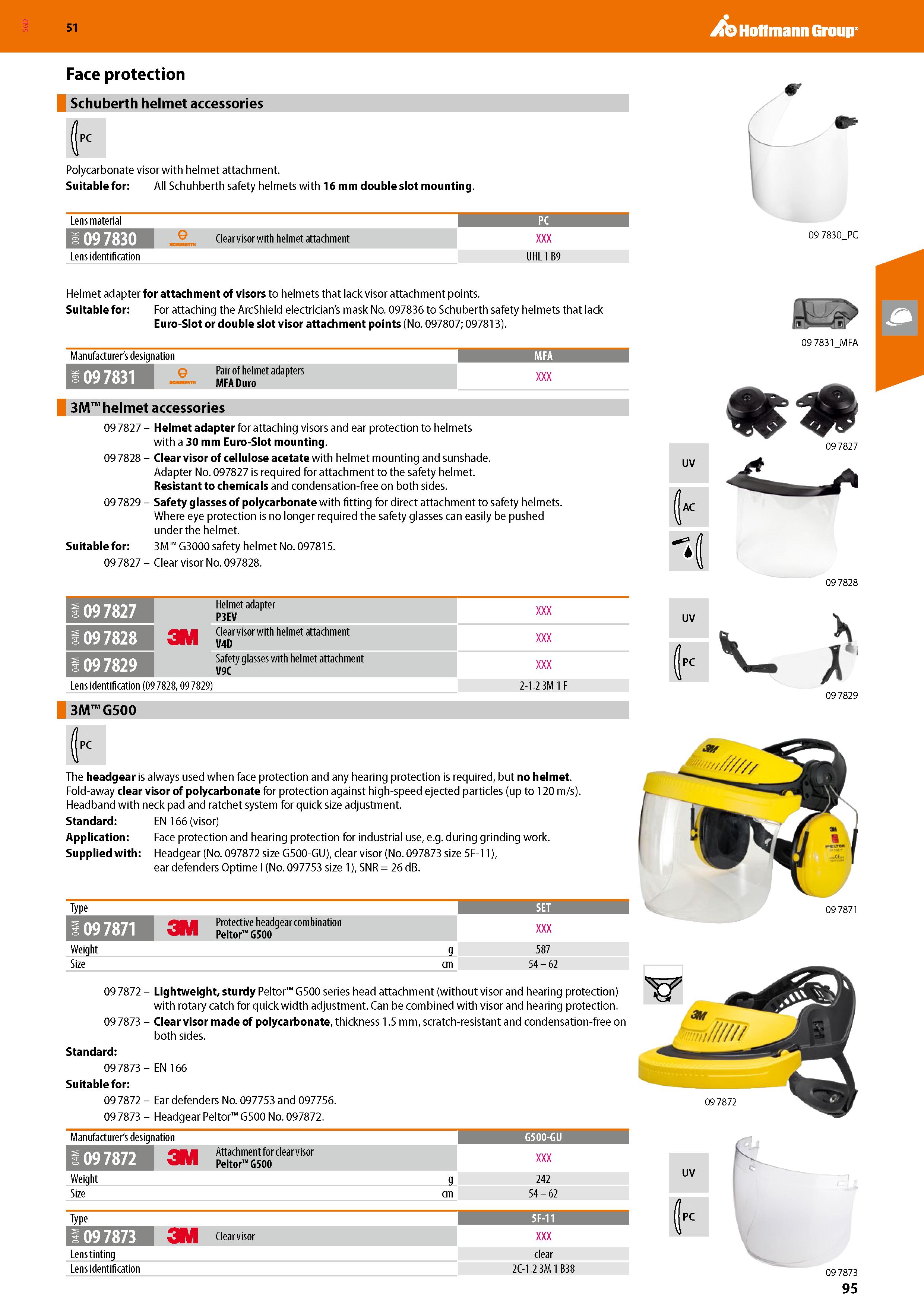 95 SGD Hoffmann Group 51 Face protection Schuberth helmet accessories PC Polycarbonate visor with helmet attachment Suitable for: All Schuhberth saf Каталог HOFFMANN GROUP 2020 Средства индивидуальной защиты органов зрения дыхания кожи СИЗ от поражения электрическим током шума Защитные перчатки Очки Специальная одежда Стр. 95