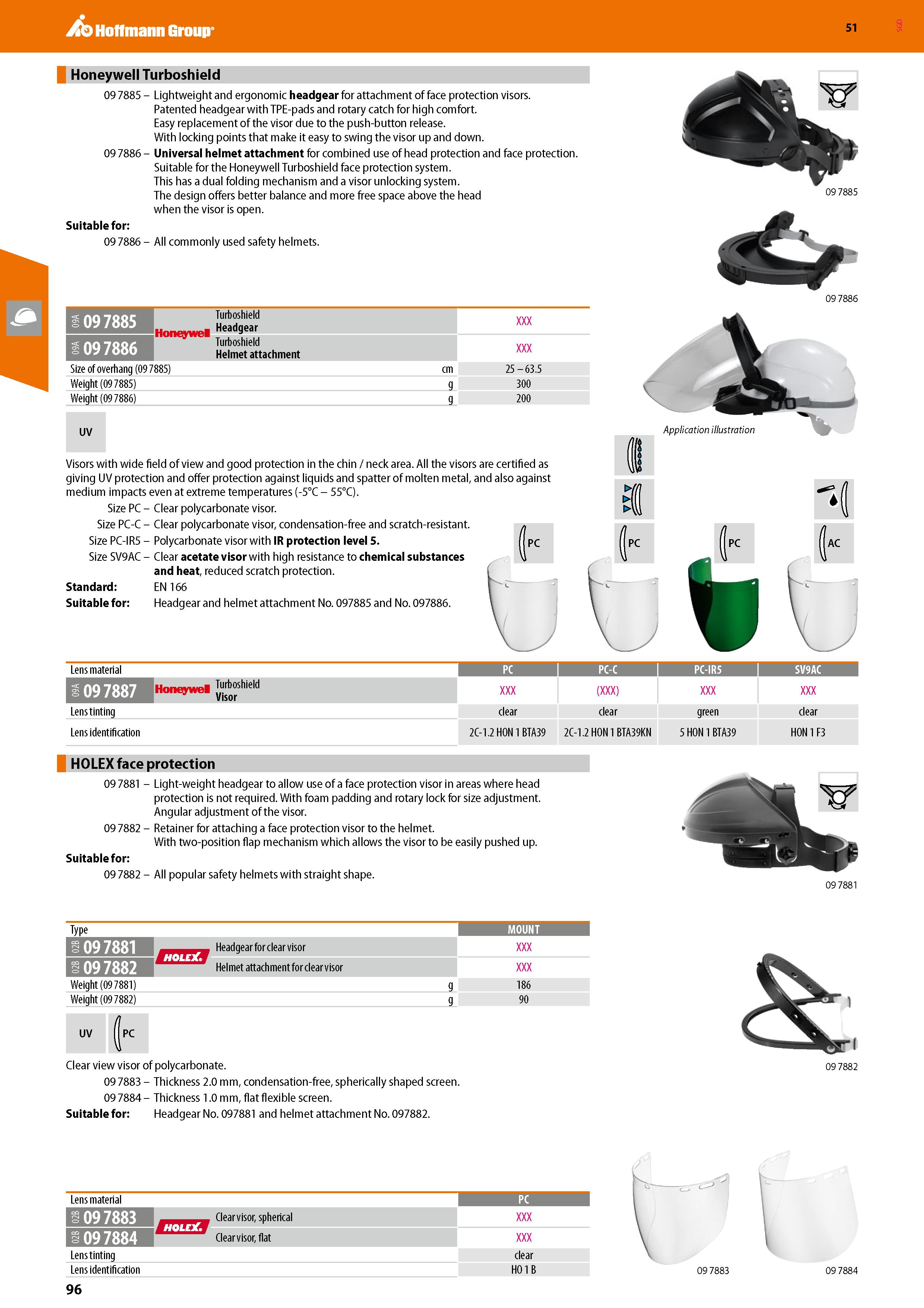 96 Hoffmann Group 51 Honeywell Turboshield 09 7885 - Lightweight and ergonomic headgear for attachment of face protection visors Patented headgear w Каталог HOFFMANN GROUP 2020 Средства индивидуальной защиты органов зрения дыхания кожи СИЗ от поражения электрическим током шума Защитные перчатки Очки Специальная одежда Стр. 96