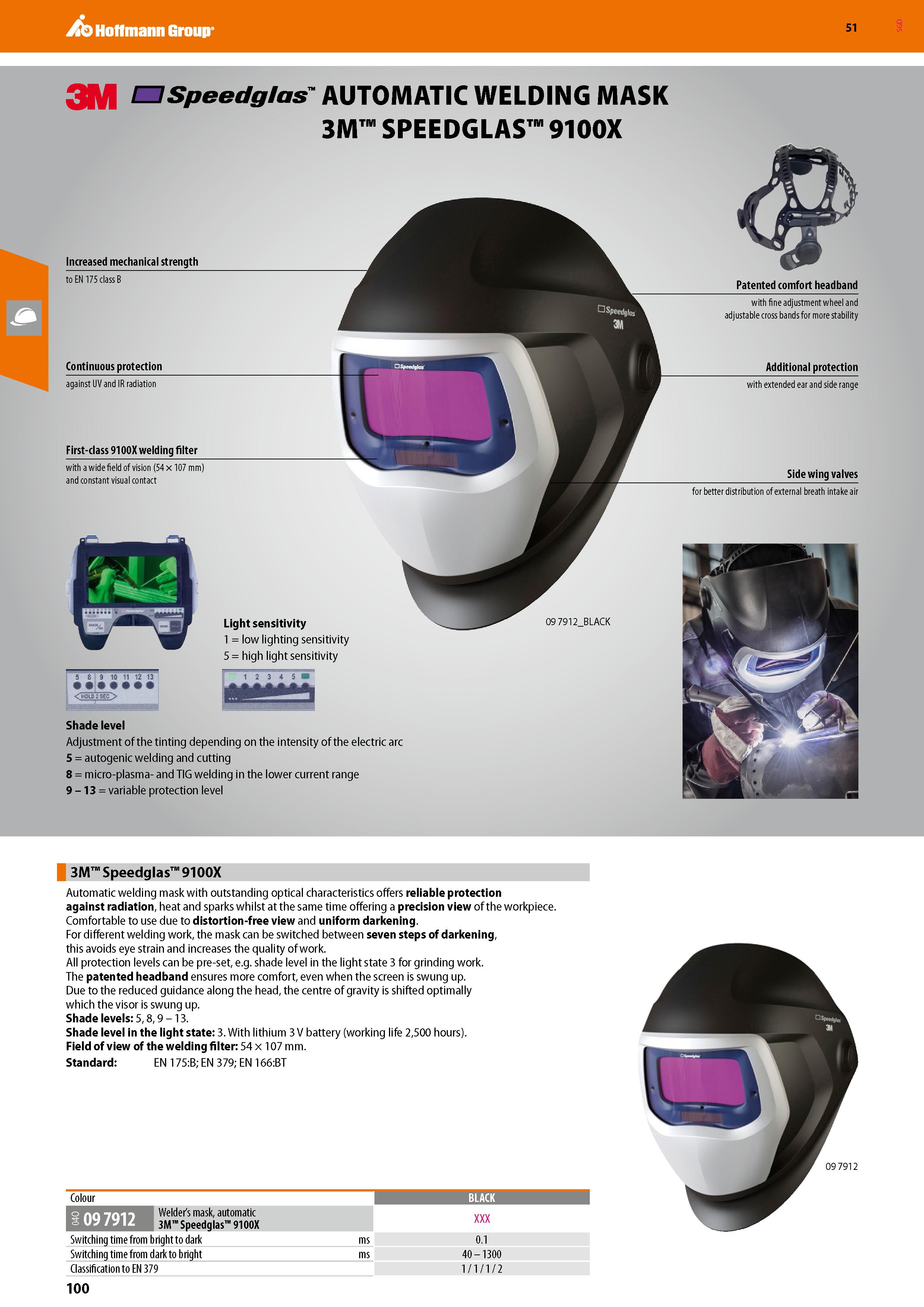100 Hoffmann Group 51 3M mSpeedglas' AUTOMATIC WELDING MASK 3M SPEEDGLAS 9100X Increased mechanical strength to EN 175 class B Continuous protection Каталог HOFFMANN GROUP 2020 Средства индивидуальной защиты органов зрения дыхания кожи СИЗ от поражения электрическим током шума Защитные перчатки Очки Специальная одежда Стр. 100
