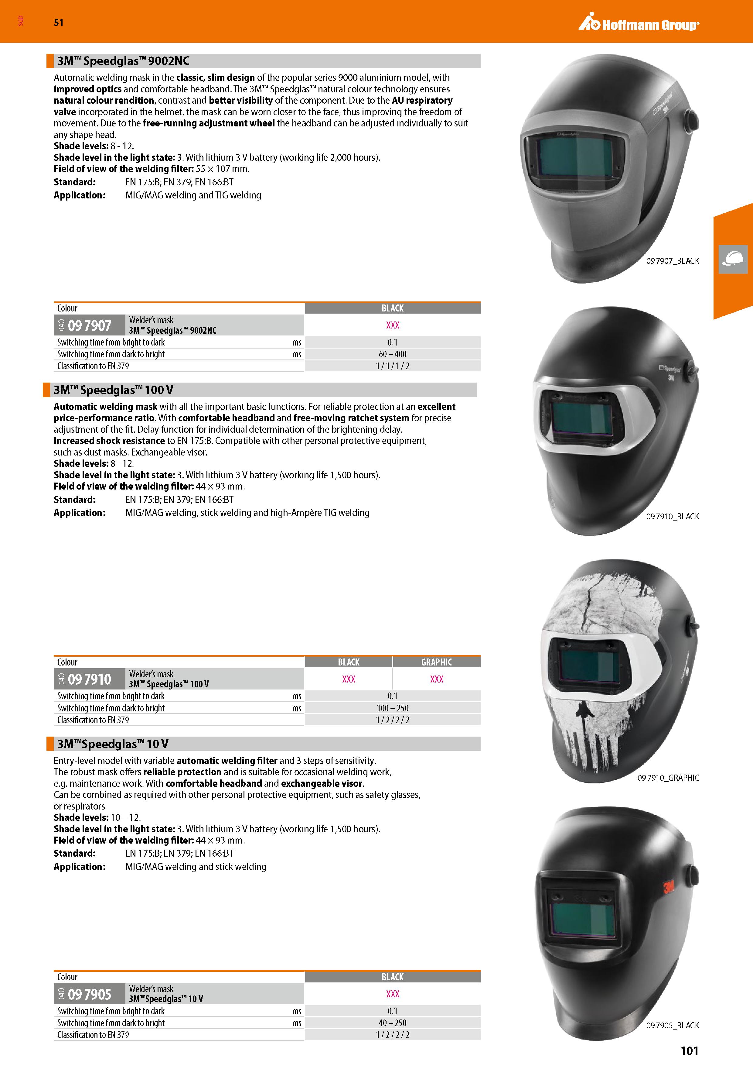 101 SGD Hoffmann Group 51 3M Speedglas 9002NC Automatic welding mask in the classic, slim design of the popular series 9000 aluminium model, with imp Каталог HOFFMANN GROUP 2020 Средства индивидуальной защиты органов зрения дыхания кожи СИЗ от поражения электрическим током шума Защитные перчатки Очки Специальная одежда Стр. 101