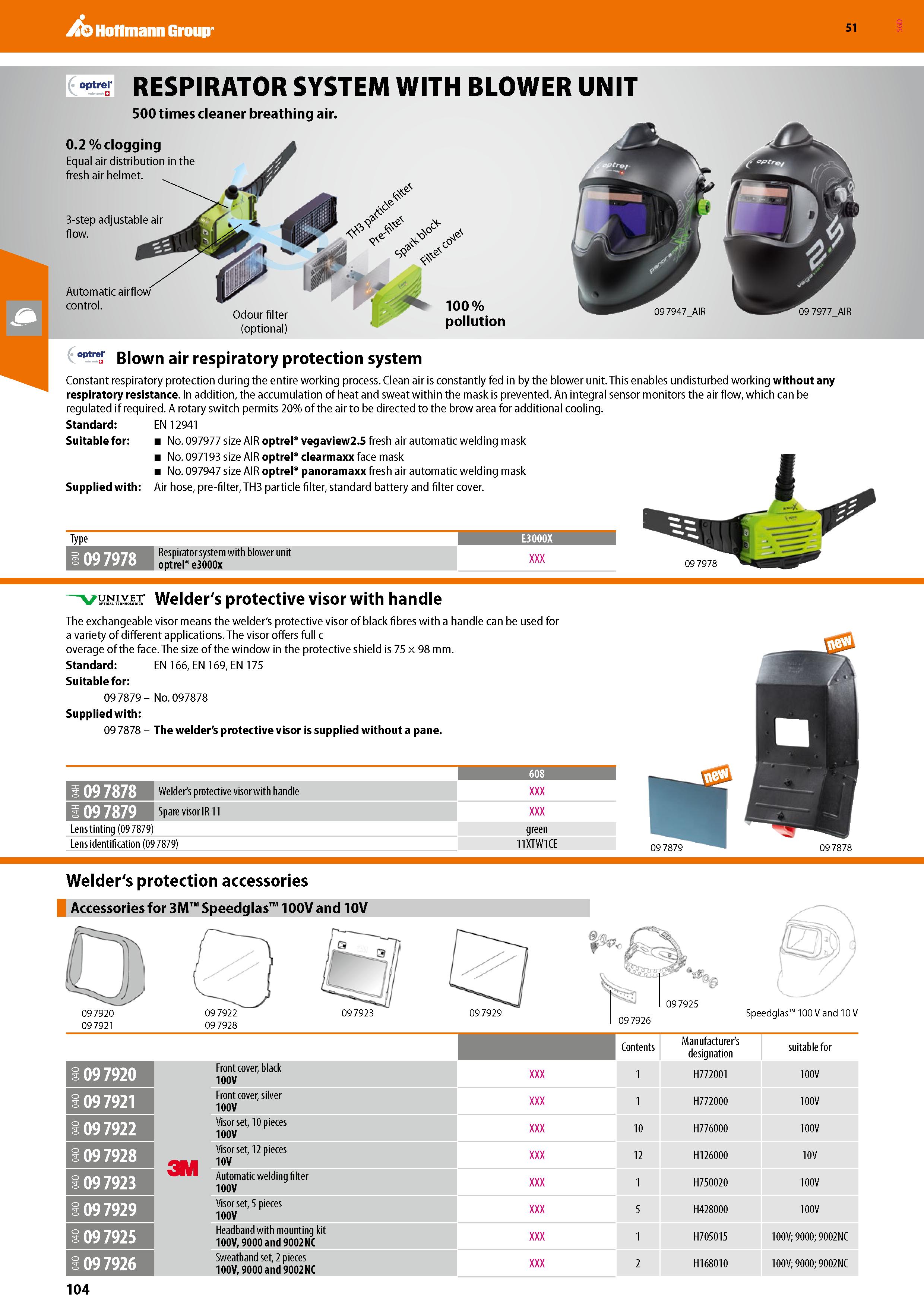 104 Hoffmann Group 51 R -T RESPIRATOR SYSTEM WITH BLOWER UNIT 500 times cleaner breathing air 0 2 % clogging Equal air distribution in the fresh air Каталог HOFFMANN GROUP 2020 Средства индивидуальной защиты органов зрения дыхания кожи СИЗ от поражения электрическим током шума Защитные перчатки Очки Специальная одежда Стр. 104
