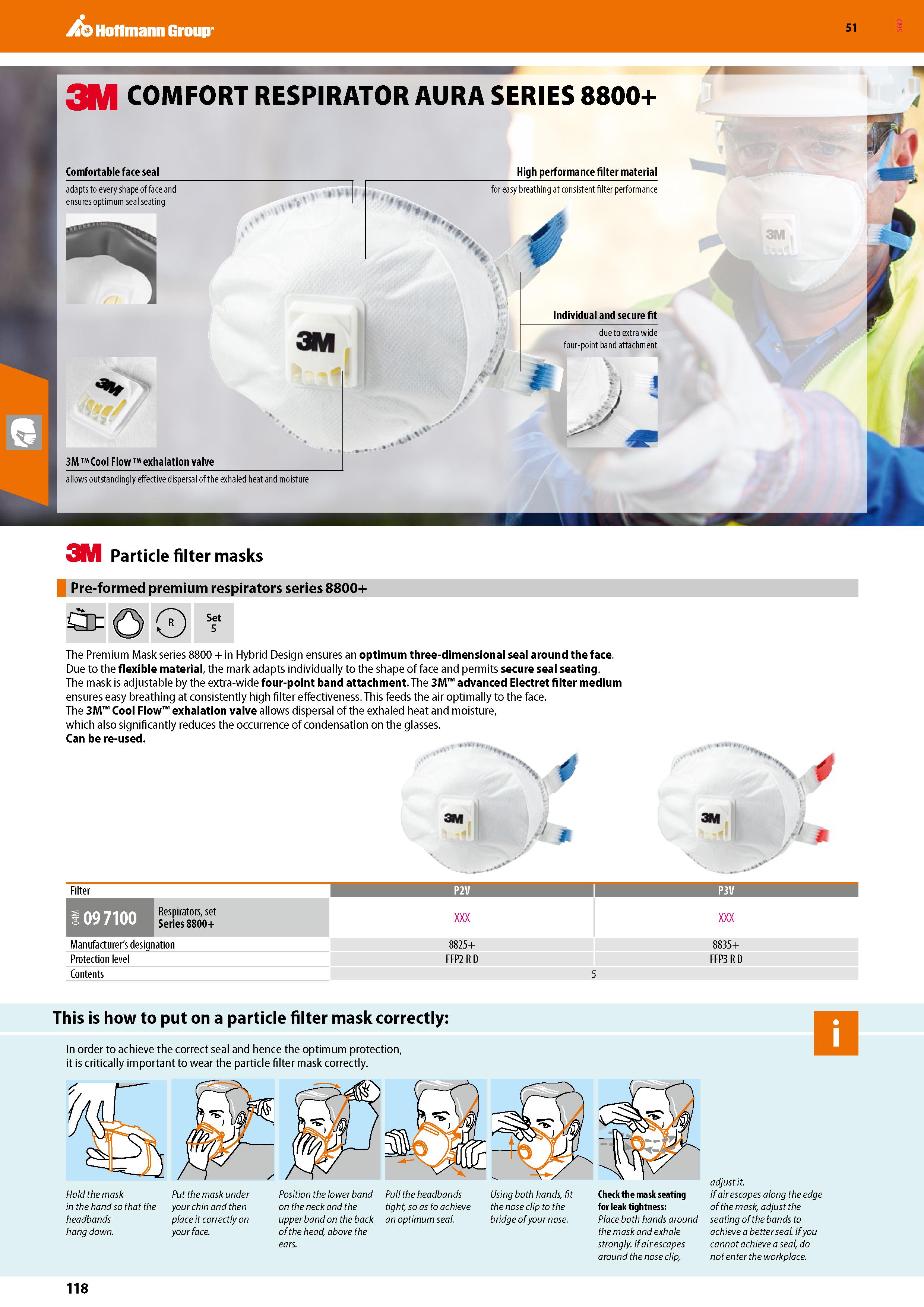 118 Hoffmann Group 51 3M COMFORT RESPIRATOR AURA SERIES 8800+ Comfortable face seal High performance filter material adapts to every shape of face an Каталог HOFFMANN GROUP 2020 Средства индивидуальной защиты органов зрения дыхания кожи СИЗ от поражения электрическим током шума Защитные перчатки Очки Специальная одежда Стр. 118