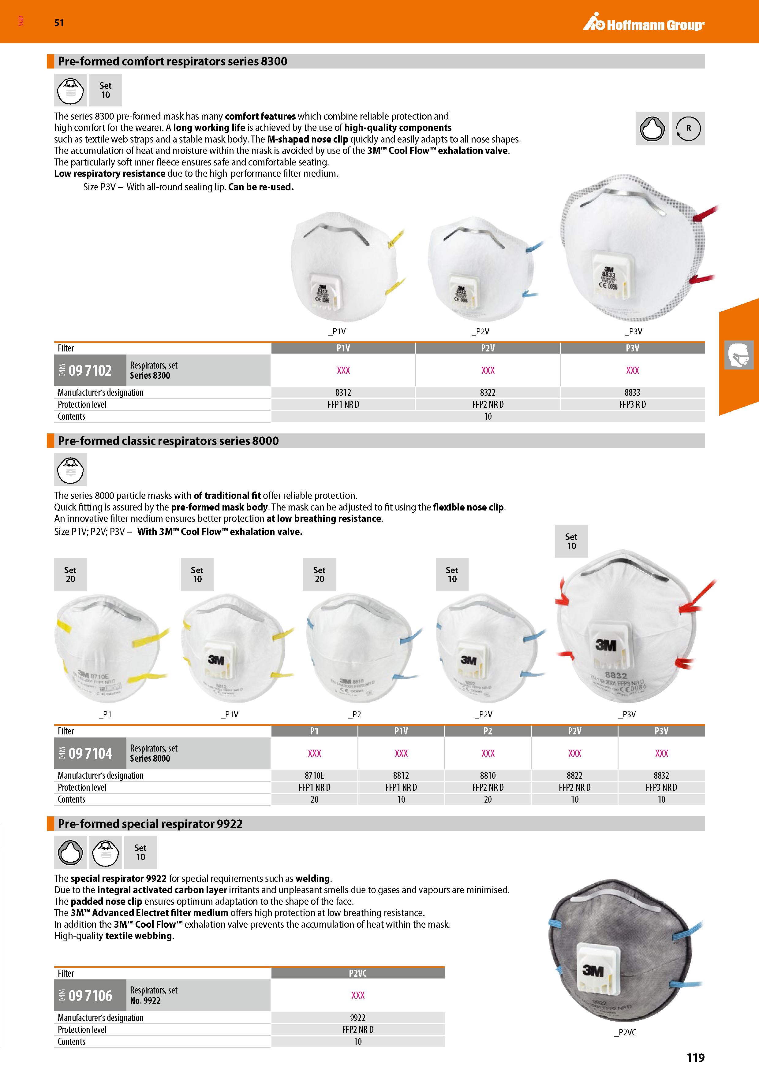 119 SGD Hoffmann Group 51 Pre-formed comfort respirators series 8300 Set 10 The series 8300 pre-formed mask has many comfort features which combine r Каталог HOFFMANN GROUP 2020 Средства индивидуальной защиты органов зрения дыхания кожи СИЗ от поражения электрическим током шума Защитные перчатки Очки Специальная одежда Стр. 119