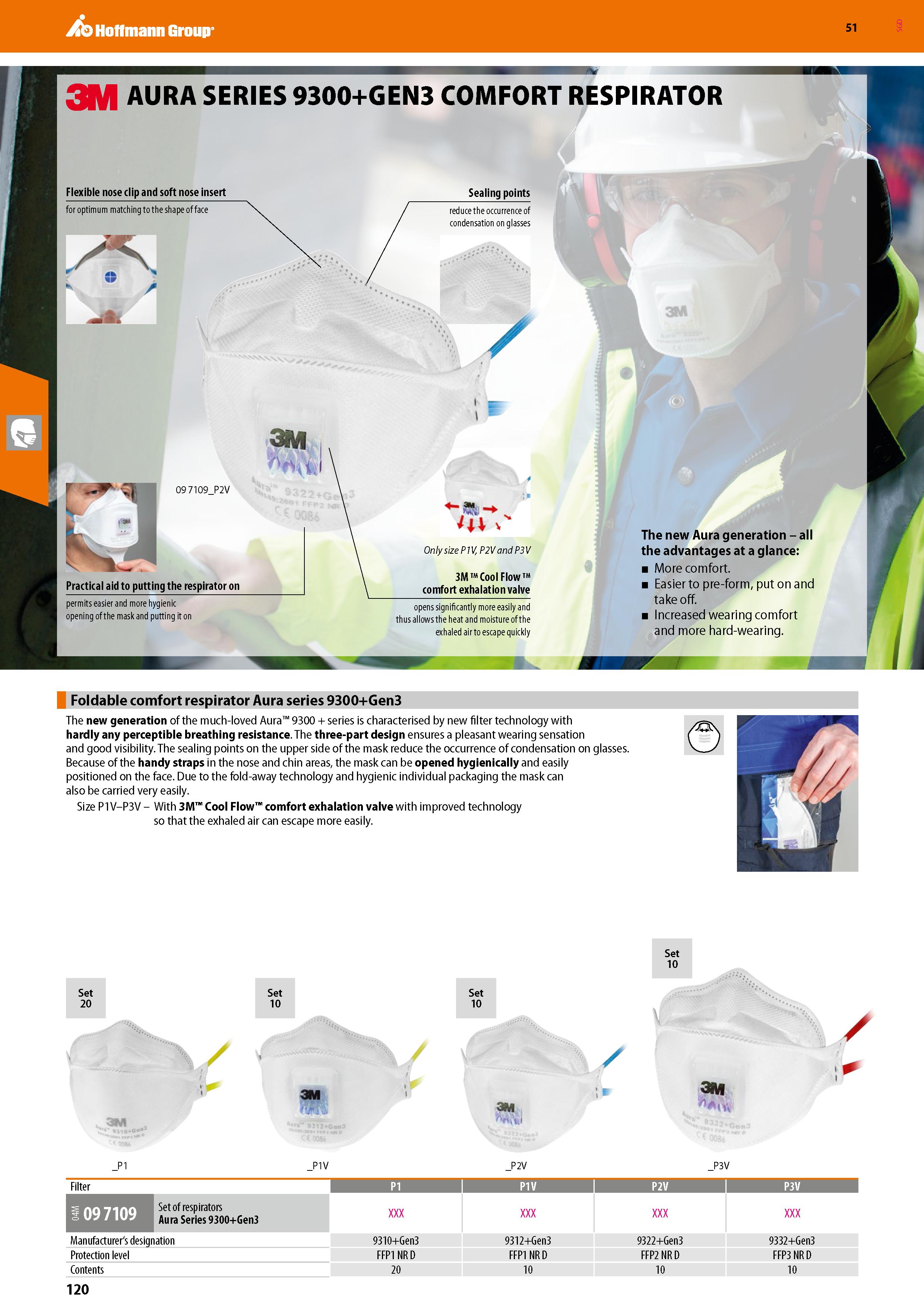 120 Hoffmann Group 51 3M AURA SERIES 9300+GEN3 comfort respirator Flexible nose clip and soft nose insert Sealing points reduce the occurrence of con Каталог HOFFMANN GROUP 2020 Средства индивидуальной защиты органов зрения дыхания кожи СИЗ от поражения электрическим током шума Защитные перчатки Очки Специальная одежда Стр. 120