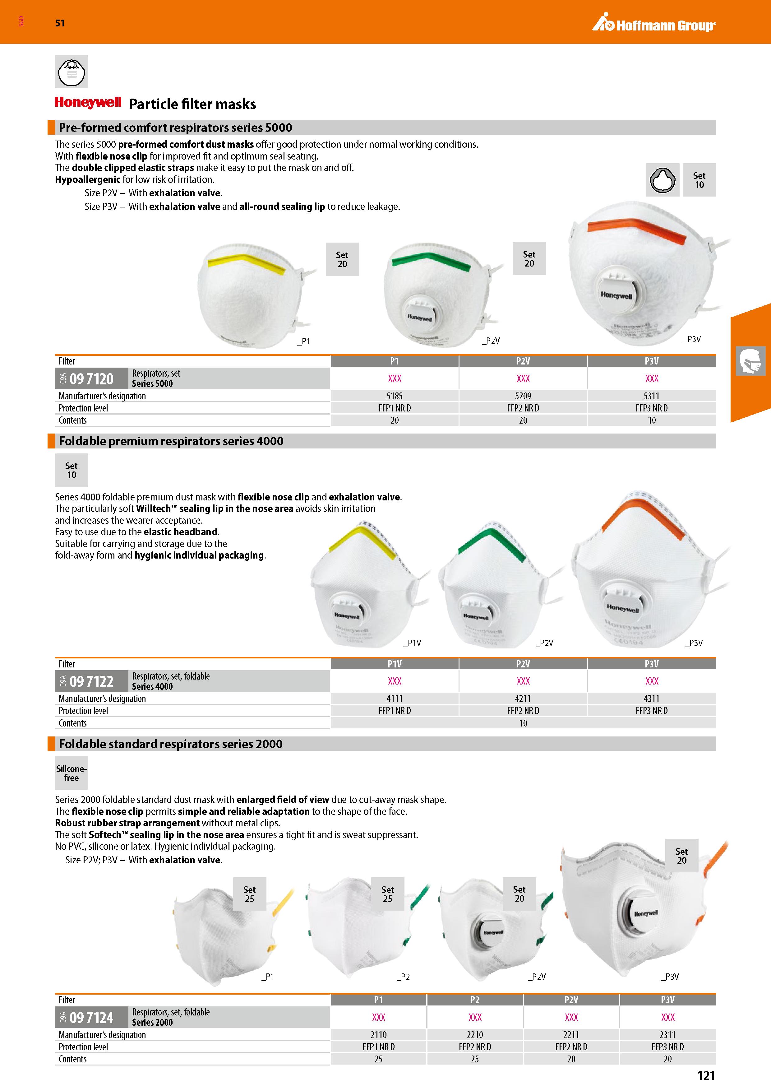 121 SGD Hoffmann Group 51 Honeywell Particle filter masks Pre-formed comfort respirators series 5000 The series 5000 pre-formed comfort dust masks of Каталог HOFFMANN GROUP 2020 Средства индивидуальной защиты органов зрения дыхания кожи СИЗ от поражения электрическим током шума Защитные перчатки Очки Специальная одежда Стр. 121