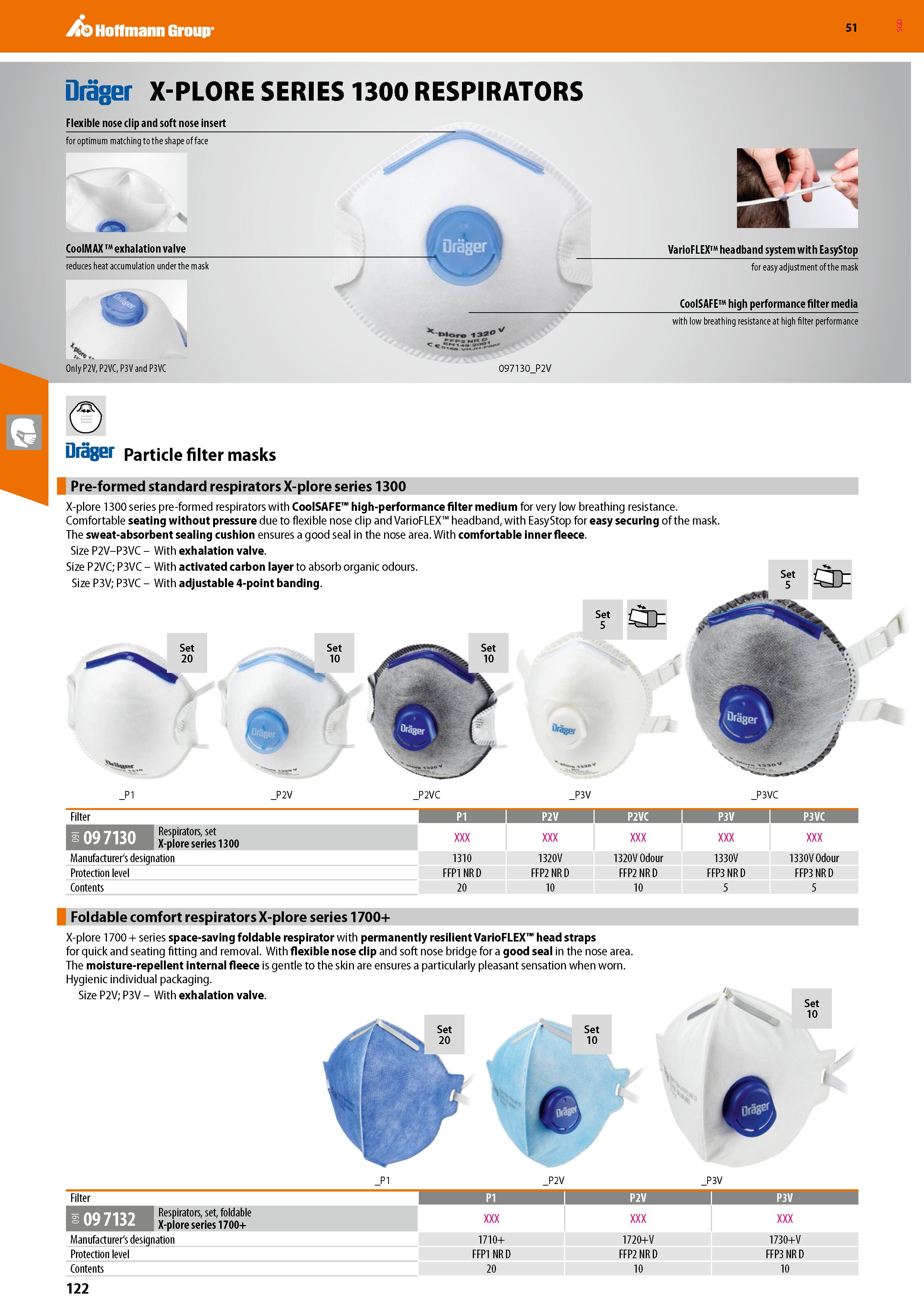 122 Hoffmann Group 51 Draser X-PLORE SERIES 1300 RESPIRATORS Flexible nose clip and soft nose Insert for optimum matching to the shape of face CoolMA Каталог HOFFMANN GROUP 2020 Средства индивидуальной защиты органов зрения дыхания кожи СИЗ от поражения электрическим током шума Защитные перчатки Очки Специальная одежда Стр. 122