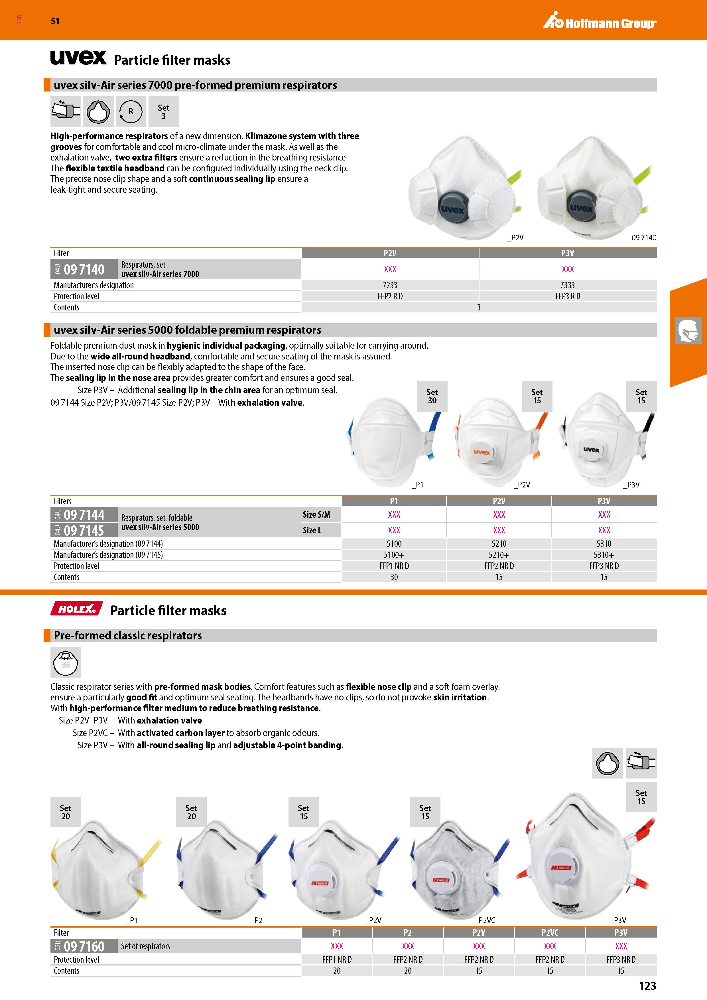 123 SGD Hoffmann Group 51 uvex Particle filter masks uvex silv-Air series 7000 pre-formed premium respirators fit Set 3 High-performance respirators Каталог HOFFMANN GROUP 2020 Средства индивидуальной защиты органов зрения дыхания кожи СИЗ от поражения электрическим током шума Защитные перчатки Очки Специальная одежда Стр. 123