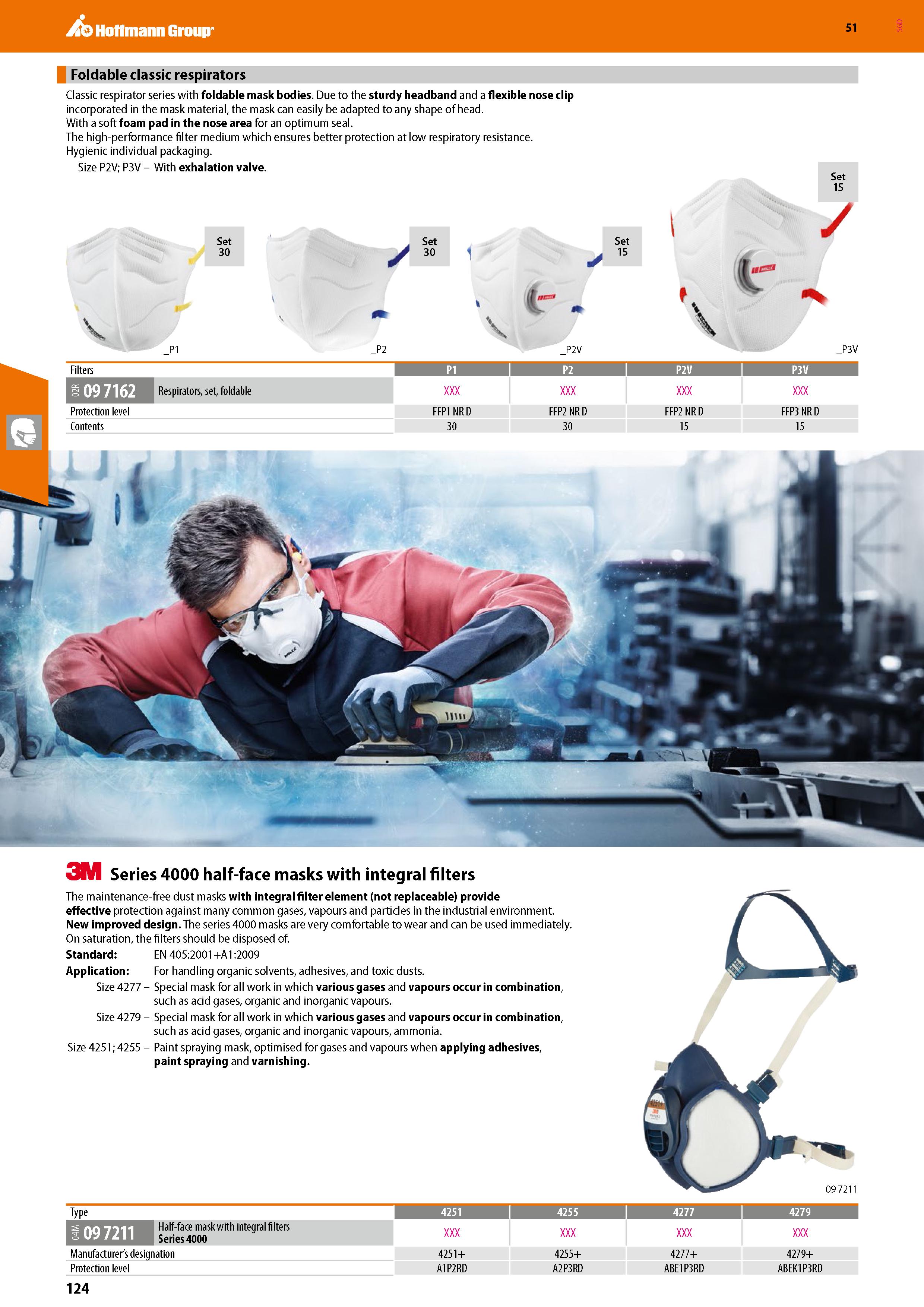 124 Hoffmann Group 51 Foldable classic respirators Classic respirator series with foldable mask bodies Due to the sturdy headband and a flexible nose Каталог HOFFMANN GROUP 2020 Средства индивидуальной защиты органов зрения дыхания кожи СИЗ от поражения электрическим током шума Защитные перчатки Очки Специальная одежда Стр. 124