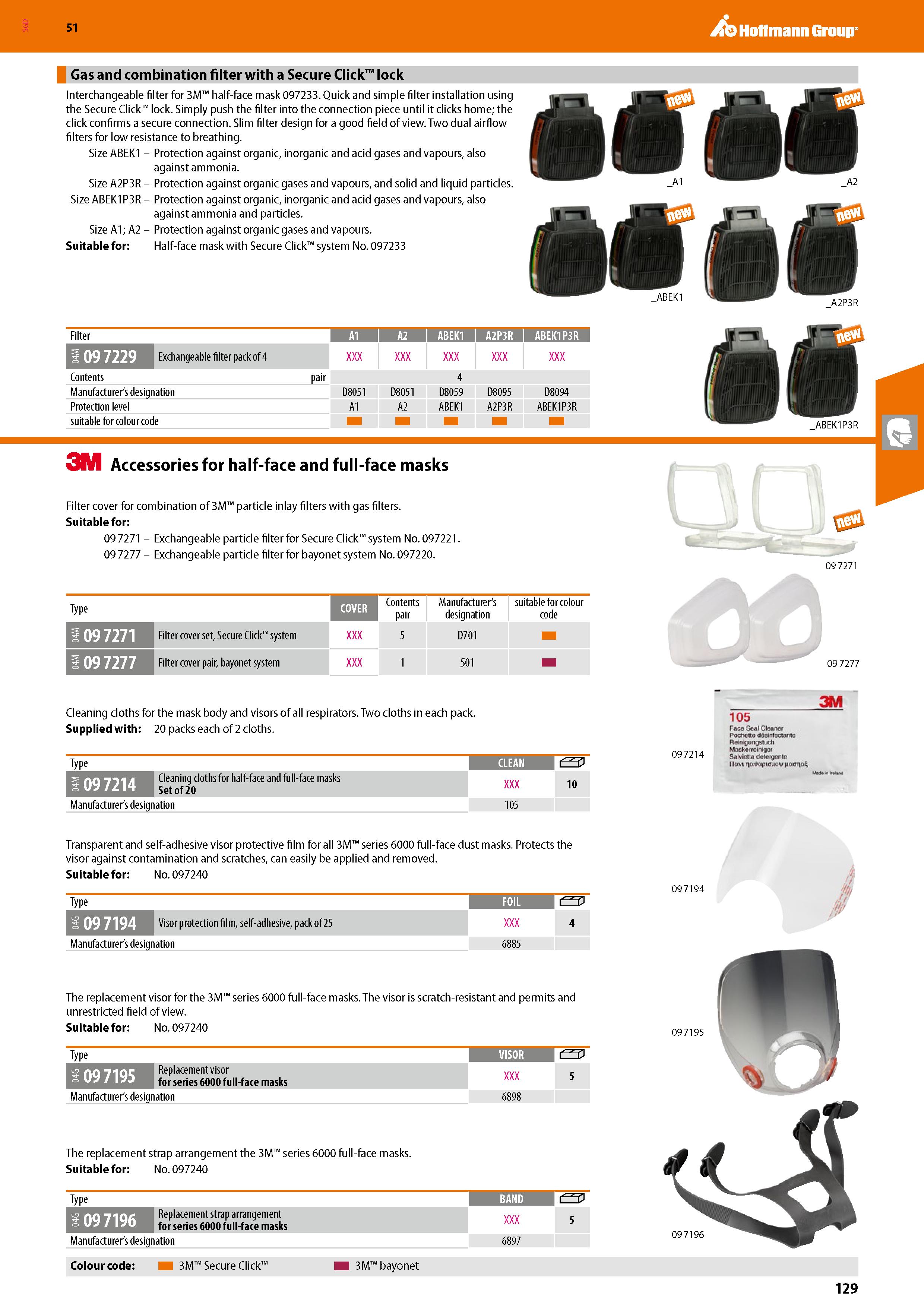 129 SGD Hoffmann Group 51 Gas and combination filter with a Secure Click lock Interchangeable filter for 3M half-face mask 097233 Quick and simple fi Каталог HOFFMANN GROUP 2020 Средства индивидуальной защиты органов зрения дыхания кожи СИЗ от поражения электрическим током шума Защитные перчатки Очки Специальная одежда Стр. 129