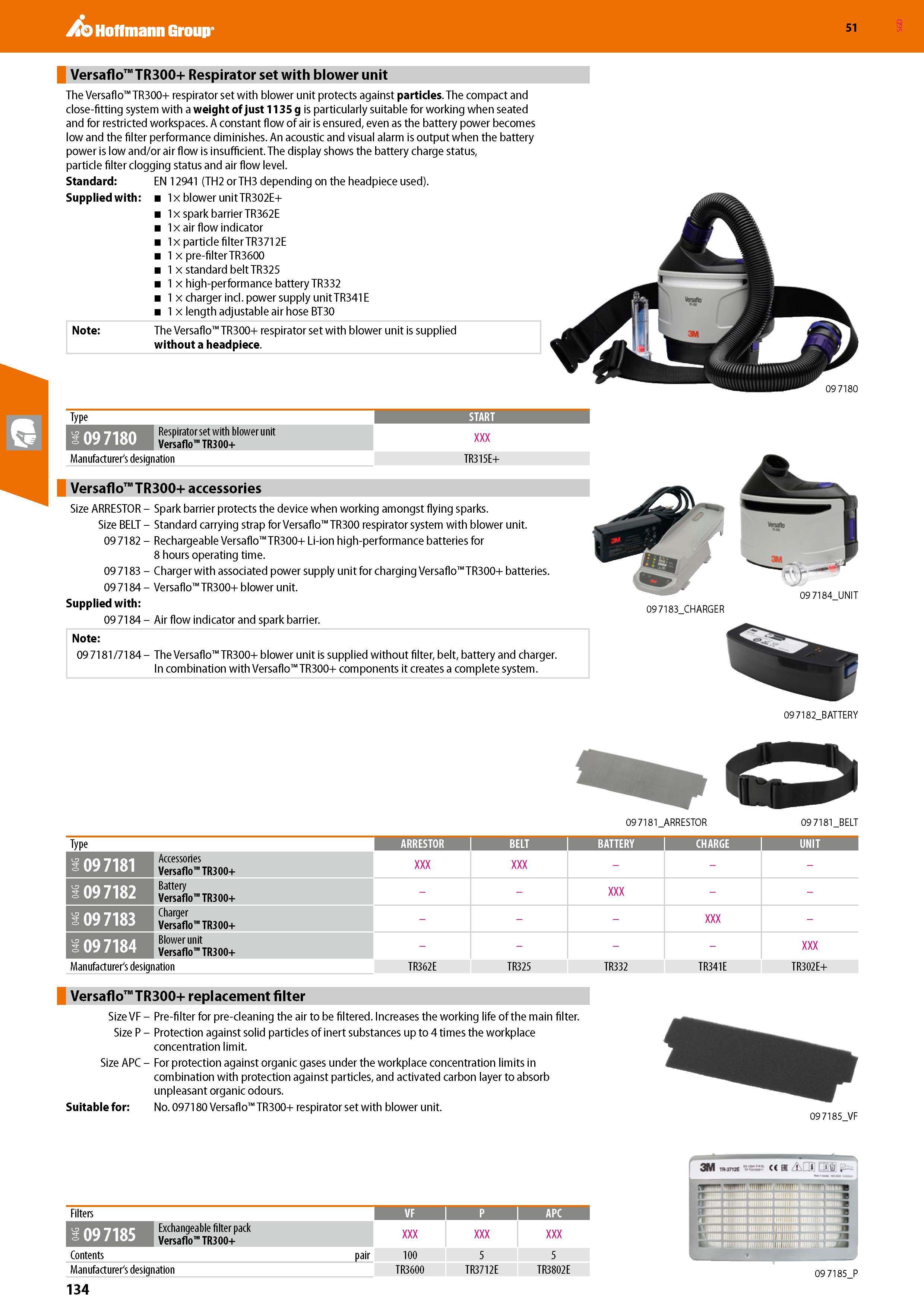 134 Hoffmann Group 51 Versaflo TR300+ Respirator set with blower unit The Versaflo TR300+ respirator set with blower unit protects against particles Каталог HOFFMANN GROUP 2020 Средства индивидуальной защиты органов зрения дыхания кожи СИЗ от поражения электрическим током шума Защитные перчатки Очки Специальная одежда Стр. 134