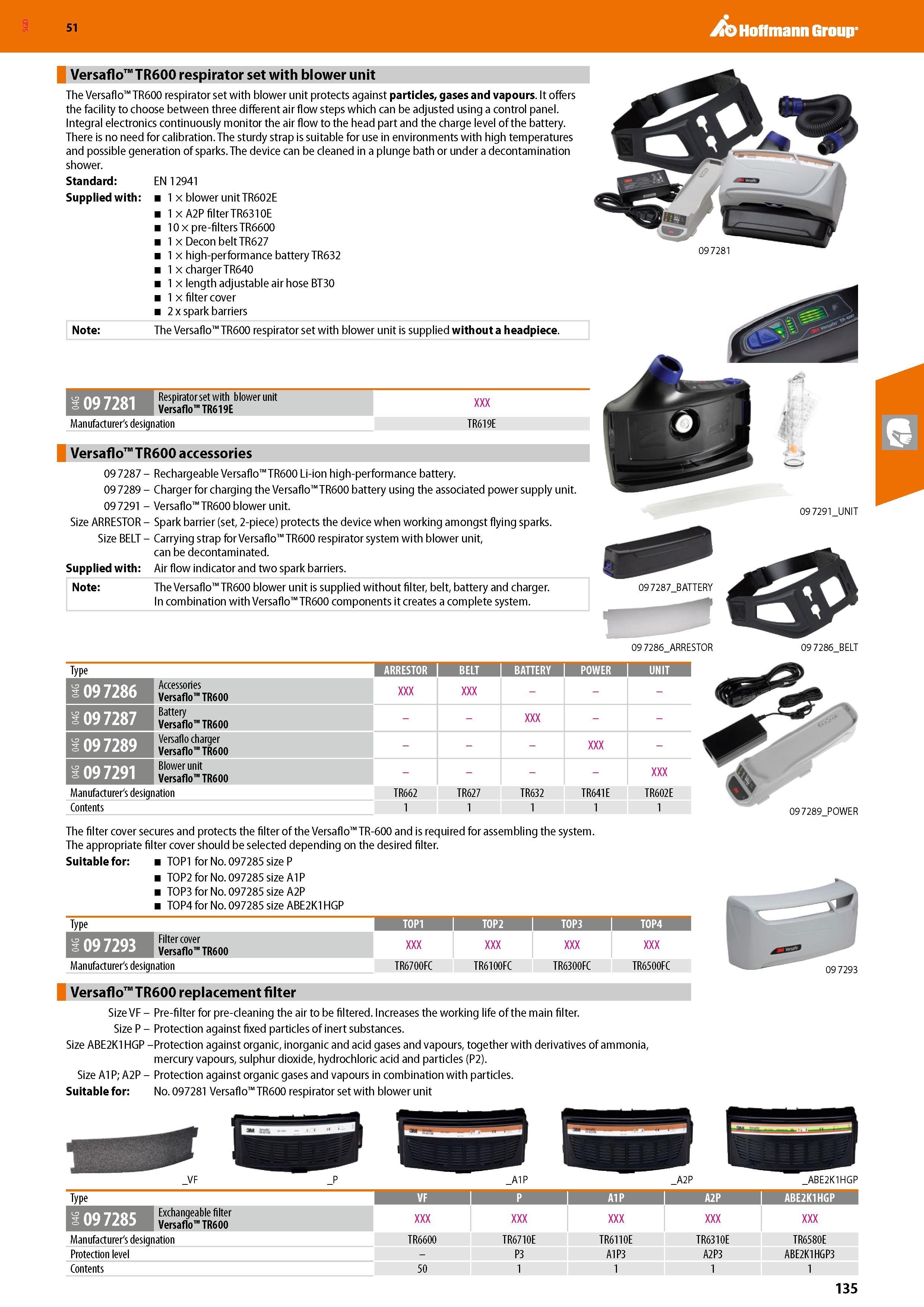 135 SGD Hoffmann Group 51 Versaflo TR600 respirator set with blower unit Standard: Supplied with: The Versaflo TR600 respirator set with blower unit Каталог HOFFMANN GROUP 2020 Средства индивидуальной защиты органов зрения дыхания кожи СИЗ от поражения электрическим током шума Защитные перчатки Очки Специальная одежда Стр. 135