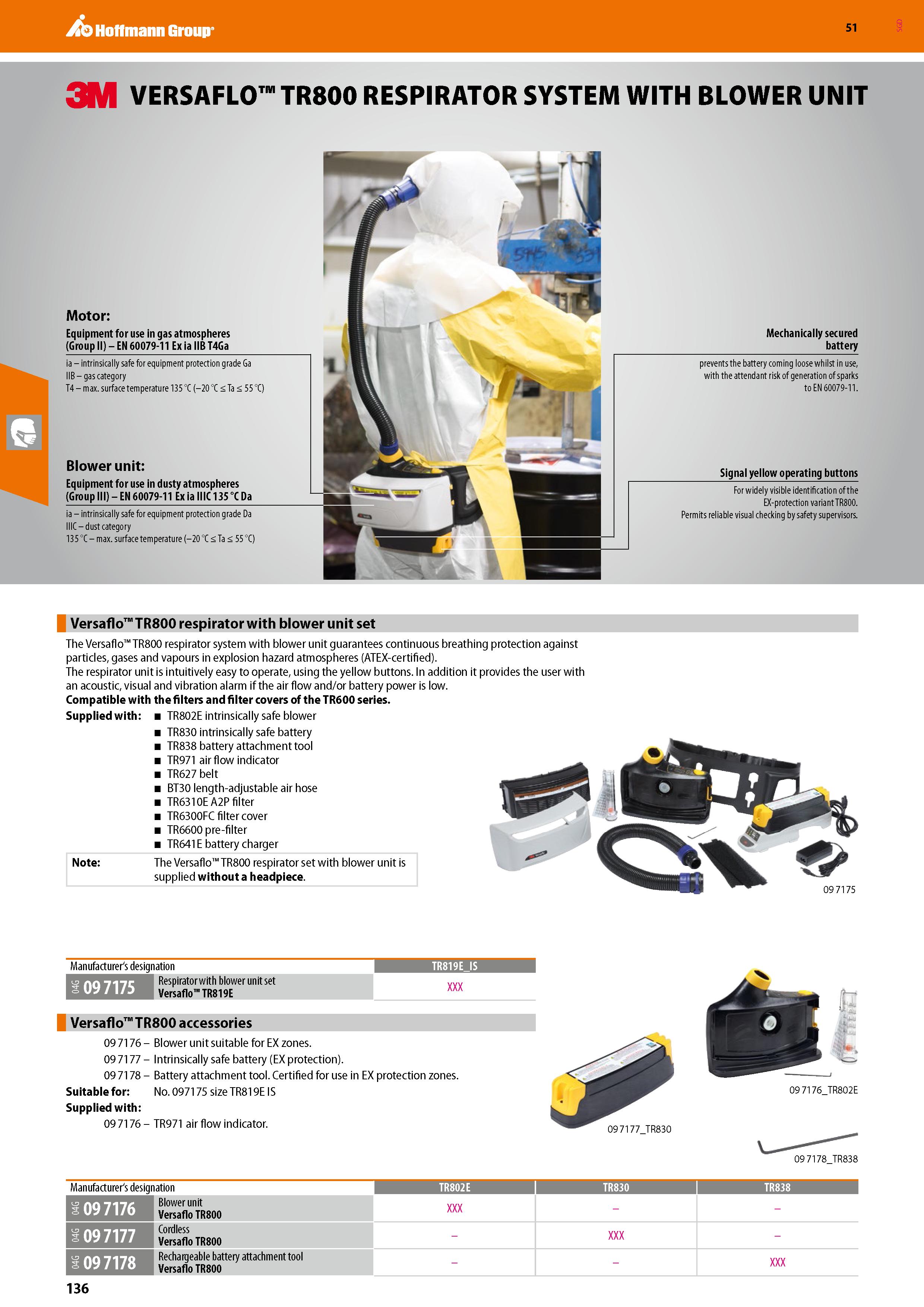 136 Hoffmann Group 51 3M VERSAFLO TR800 RESPIRATOR SYSTEM WITH BLOWER UNIT Motor: Equipment for use in gas atmospheres (Group II) - EN 60079-11 Ex ia Каталог HOFFMANN GROUP 2020 Средства индивидуальной защиты органов зрения дыхания кожи СИЗ от поражения электрическим током шума Защитные перчатки Очки Специальная одежда Стр. 136