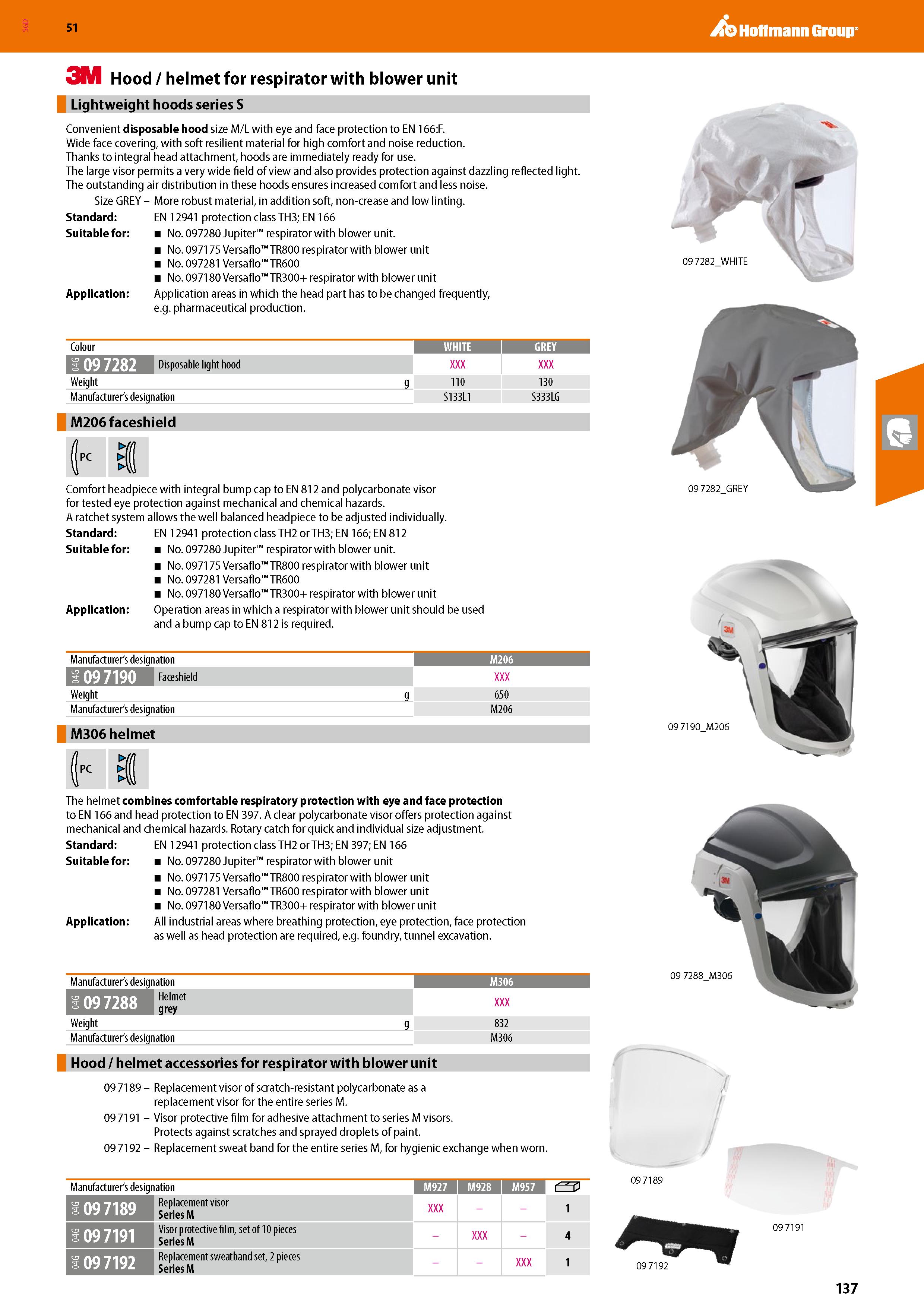 137 SGD Hoffmann Group 51 3M Hood / helmet for respirator with blower unit Lightweight hoods series S Convenient disposable hood size M/L with eye an Каталог HOFFMANN GROUP 2020 Средства индивидуальной защиты органов зрения дыхания кожи СИЗ от поражения электрическим током шума Защитные перчатки Очки Специальная одежда Стр. 137