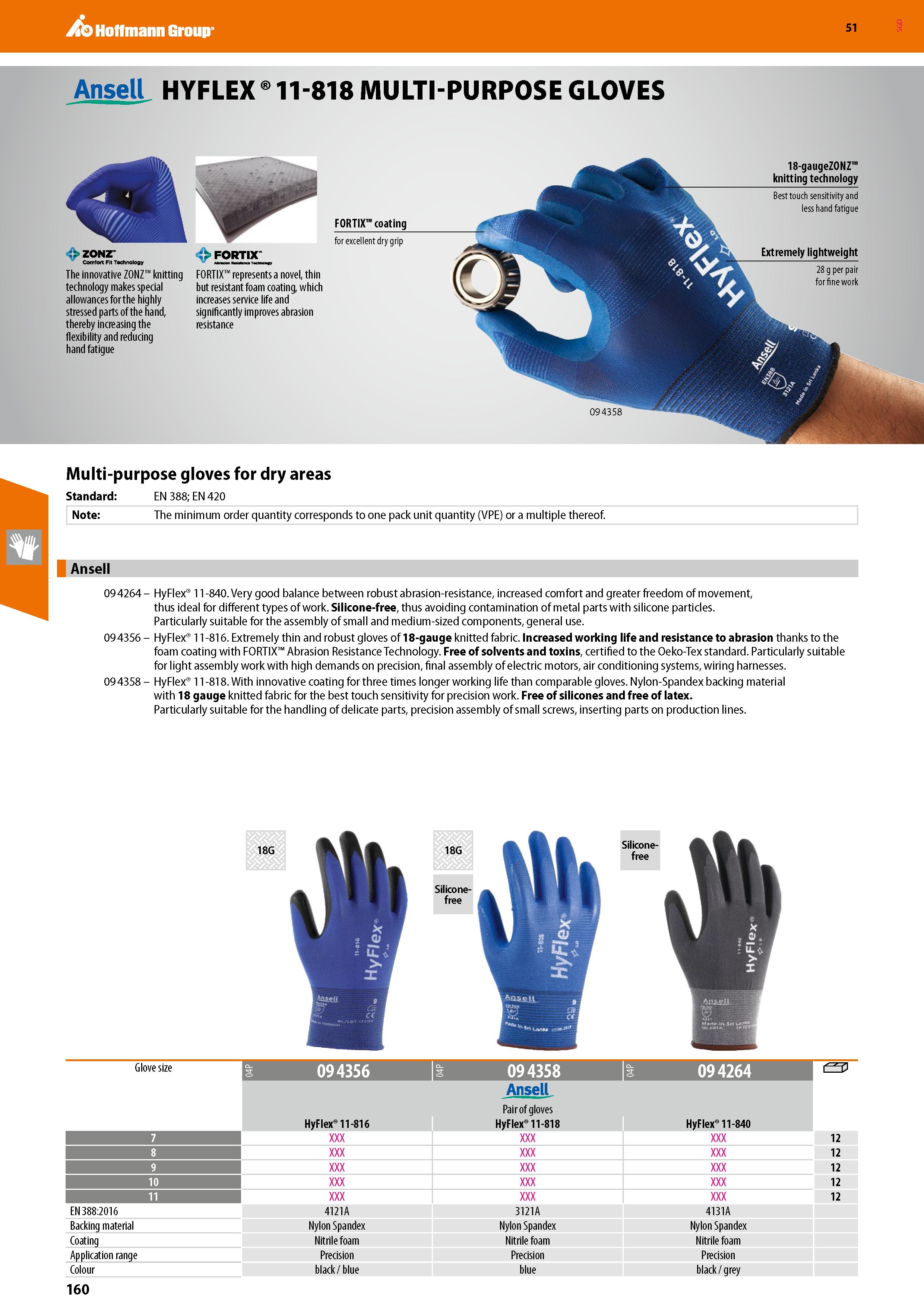 160 Hoffmann Group 51 Ansell HYFLEX 11-818 MULTI-PURPOSE GLOVES 18-gaugeZONZ knitting technology FORTIX coating zonz Comfort Fit Technology :>FORTIX Каталог HOFFMANN GROUP 2020 Средства индивидуальной защиты органов зрения дыхания кожи СИЗ от поражения электрическим током шума Защитные перчатки Очки Специальная одежда Стр. 160
