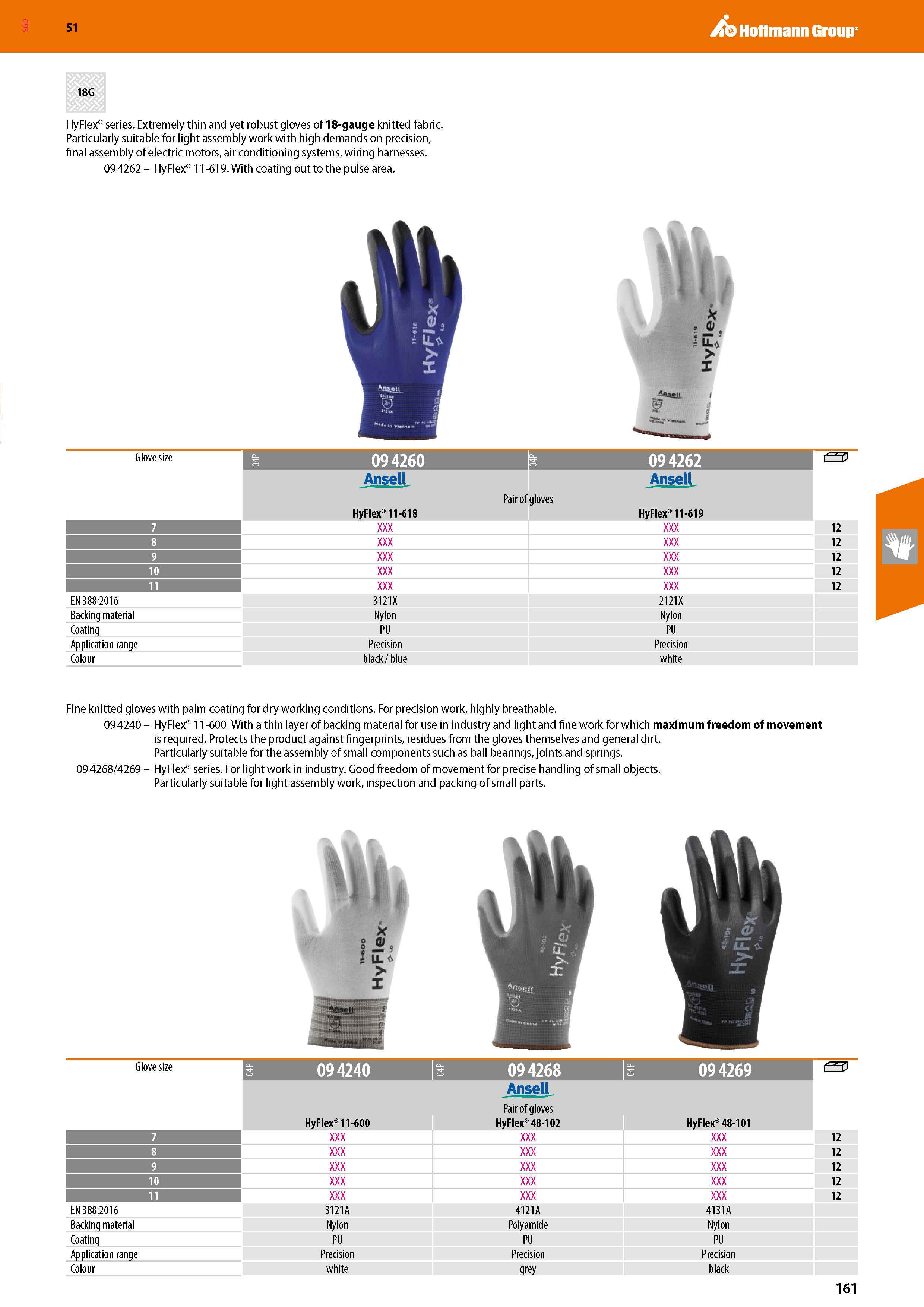 161 SGD Hoffmann Group 51 18G HyFlex series Extremely thin and yet robust gloves of 18-gauge knitted fabric Particularly suitable for light assembly Каталог HOFFMANN GROUP 2020 Средства индивидуальной защиты органов зрения дыхания кожи СИЗ от поражения электрическим током шума Защитные перчатки Очки Специальная одежда Стр. 161