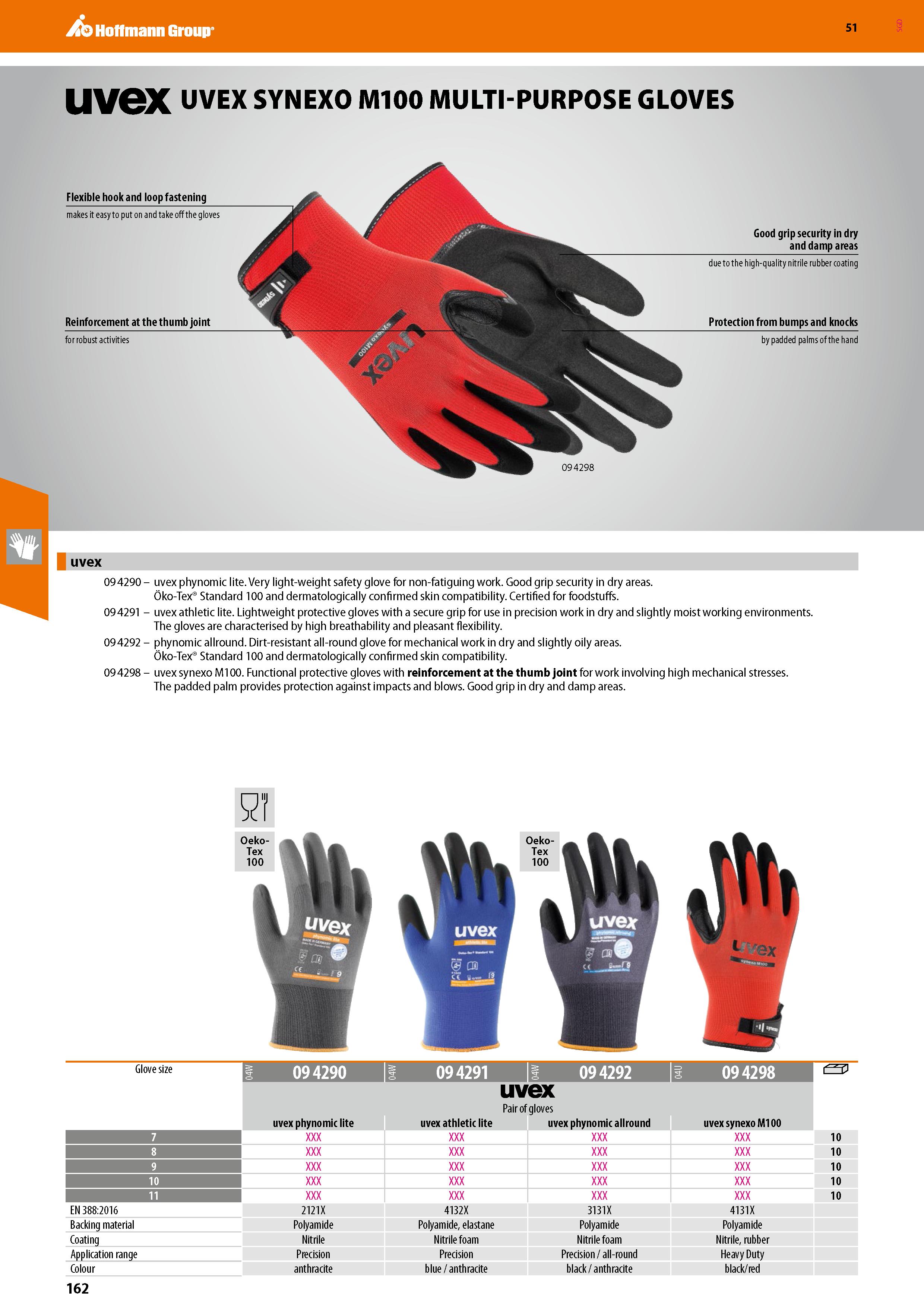 162 Hoffmann Group 51 uvex UVEX SYNEXO M100 MULTI-PURPOSE GLOVES Flexible hook and loop fastening makes it easy to put on and take off the gloves Rei Каталог HOFFMANN GROUP 2020 Средства индивидуальной защиты органов зрения дыхания кожи СИЗ от поражения электрическим током шума Защитные перчатки Очки Специальная одежда Стр. 162