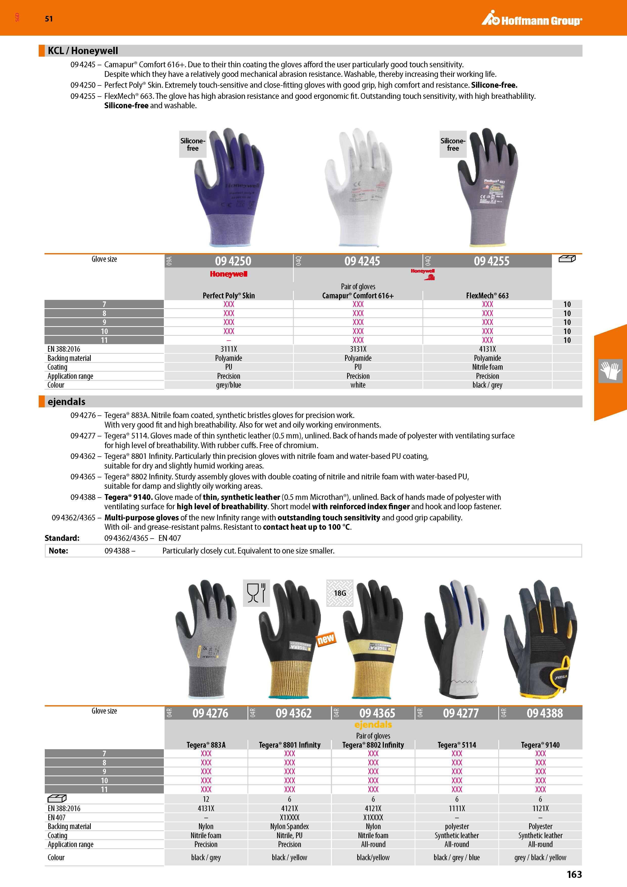 163 SGD Hoffmann Group 51 KCL / Honeywell 09 4245 - Camapur Comfort 616+ Due to their thin coating the gloves afford the user particularly good touch Каталог HOFFMANN GROUP 2020 Средства индивидуальной защиты органов зрения дыхания кожи СИЗ от поражения электрическим током шума Защитные перчатки Очки Специальная одежда Стр. 163