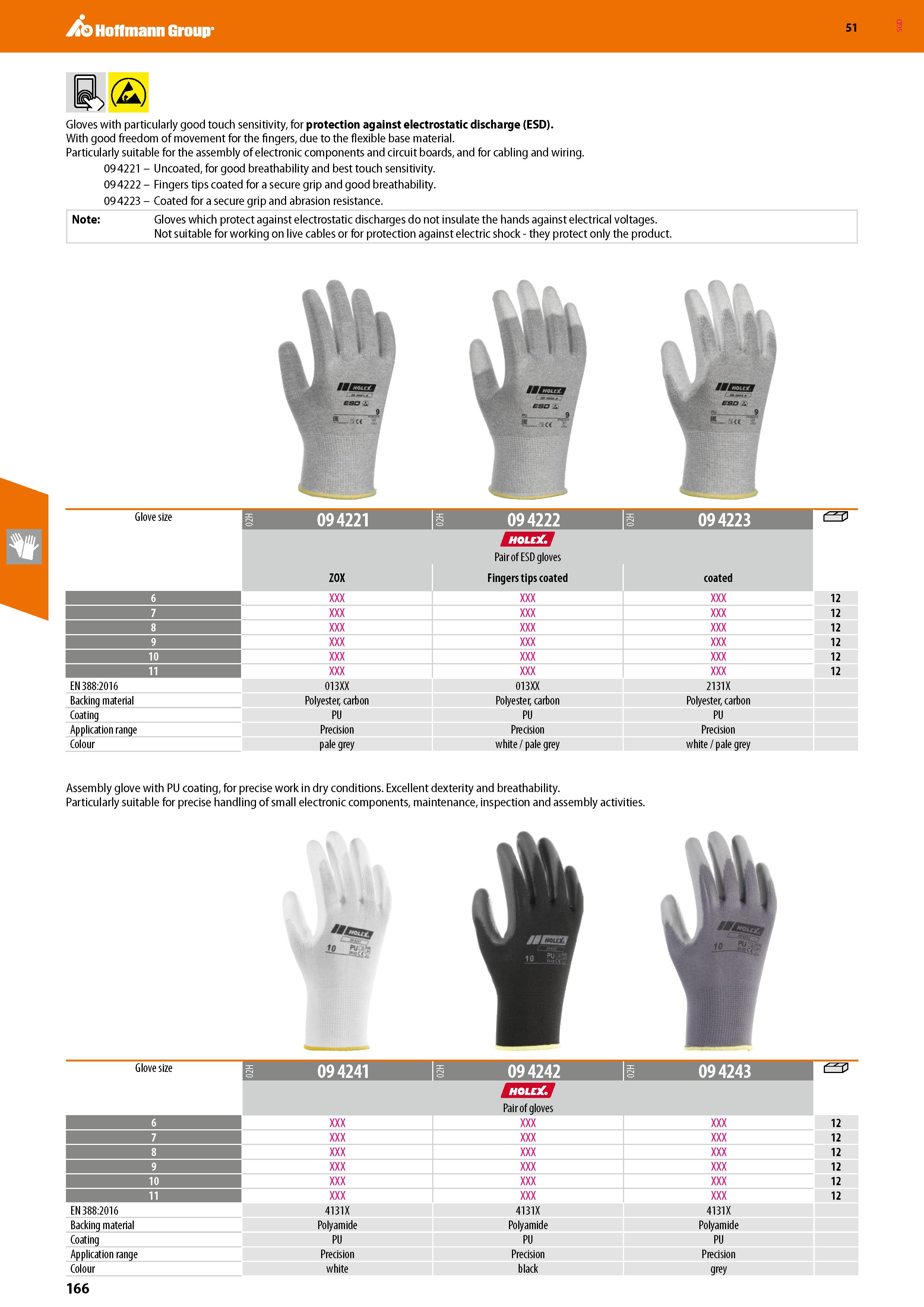 166 Hoffmann Group 51 Gloves with particularly good touch sensitivity, for protection against electrostatic discharge (ESD) With good freedom of move Каталог HOFFMANN GROUP 2020 Средства индивидуальной защиты органов зрения дыхания кожи СИЗ от поражения электрическим током шума Защитные перчатки Очки Специальная одежда Стр. 166