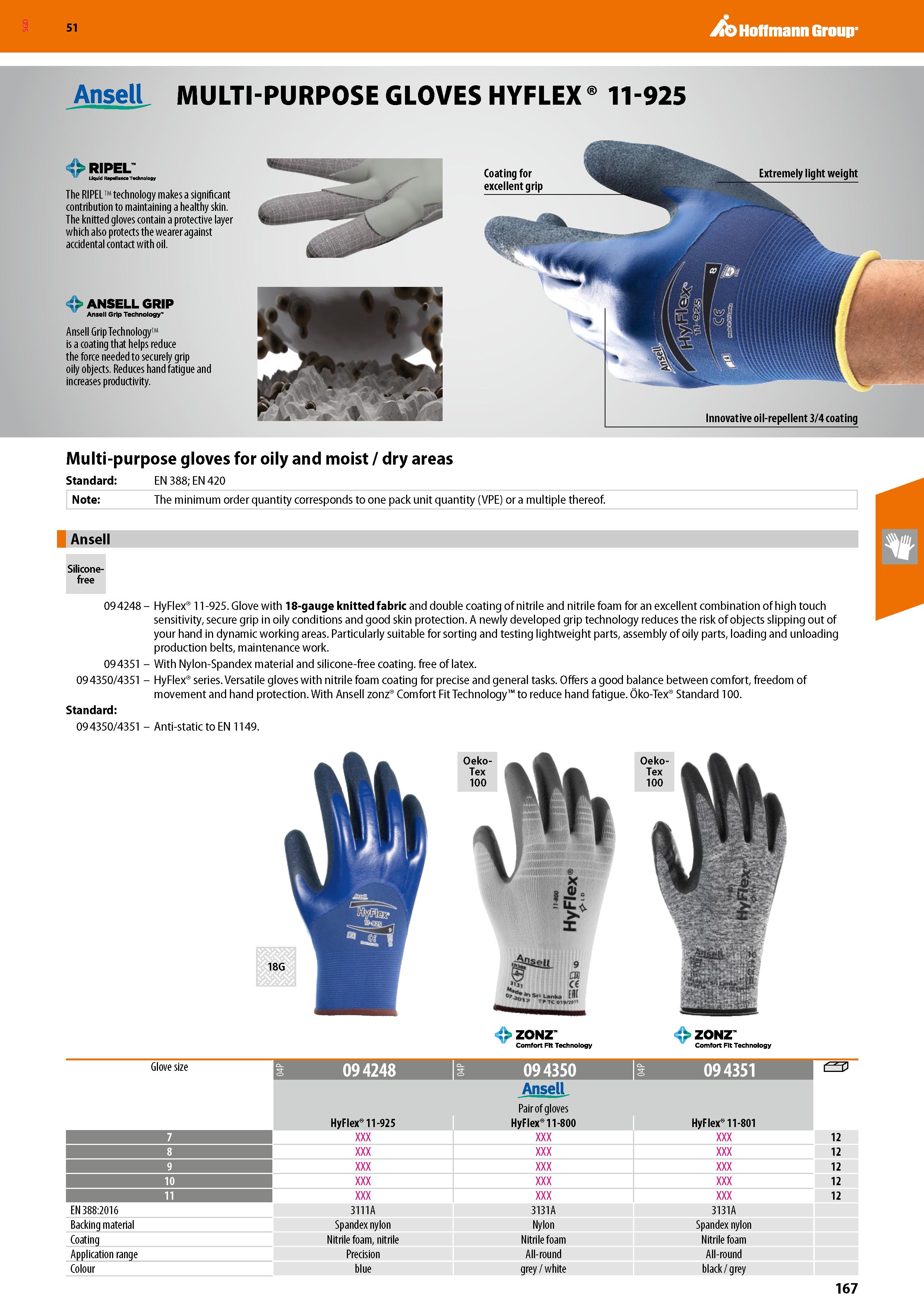 167 SGD Hoffmann Group 51 AnseU MULTI-PURPOSE GLOVES HYFLEX 11-925 :> RIPEL Liquid Rapdlinca Tschnology The RIPEL TM technology makes a significant c Каталог HOFFMANN GROUP 2020 Средства индивидуальной защиты органов зрения дыхания кожи СИЗ от поражения электрическим током шума Защитные перчатки Очки Специальная одежда Стр. 167