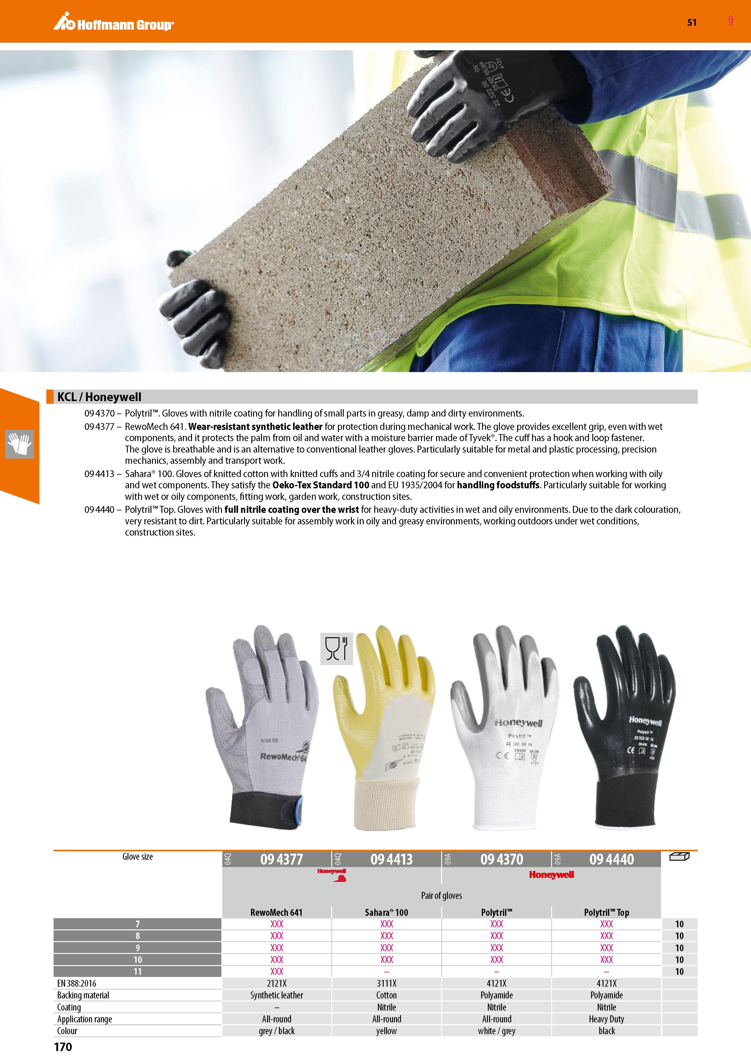 170 Hoffmann Group 51 KCL / Honeywell 09 4370 - Polytril Gloves with nitrile coating for handling of small parts in greasy, damp and dirty environmen Каталог HOFFMANN GROUP 2020 Средства индивидуальной защиты органов зрения дыхания кожи СИЗ от поражения электрическим током шума Защитные перчатки Очки Специальная одежда Стр. 170