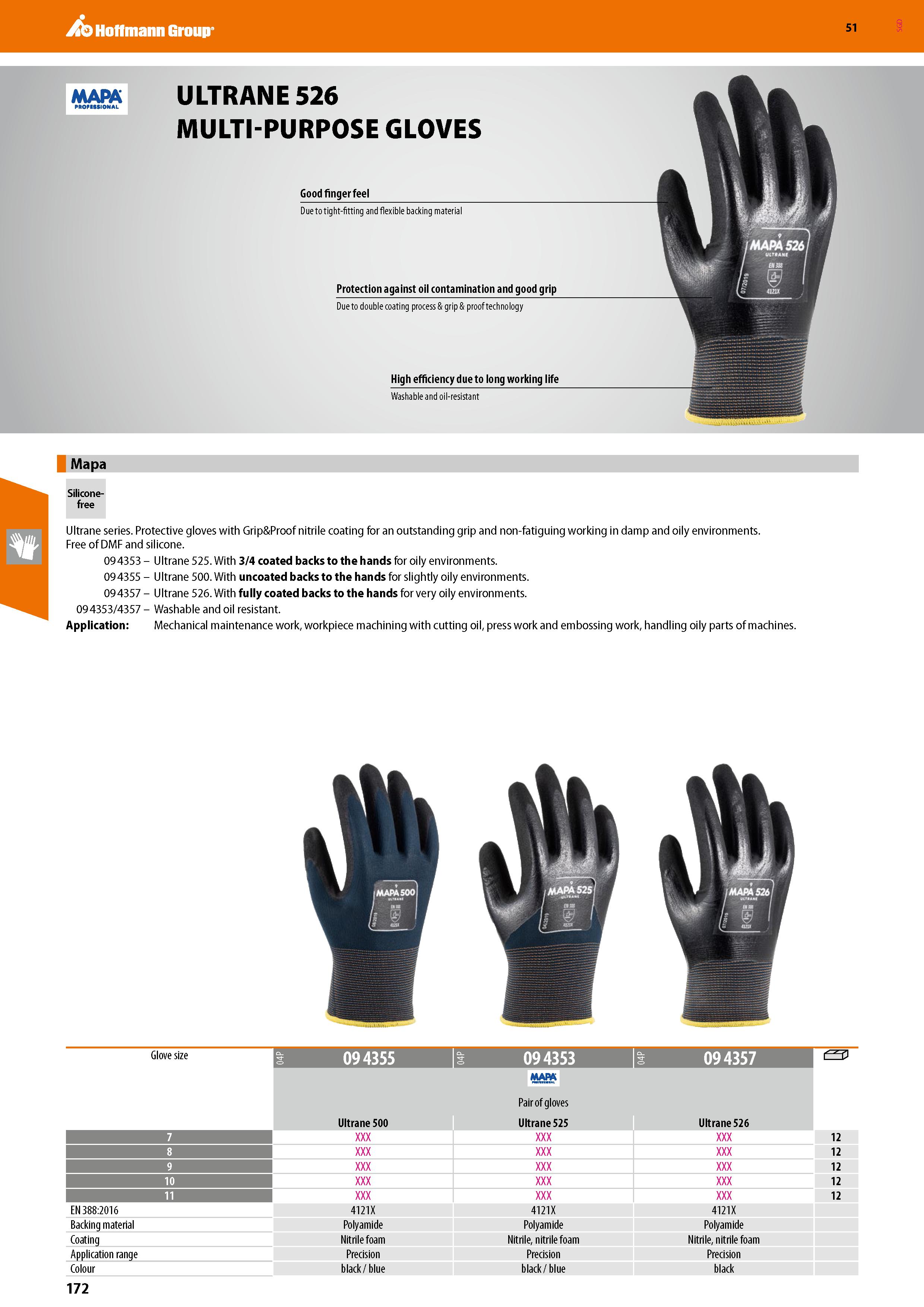 172 Hoffmann Group 51 ULTRANE 526 MULTI-PURPOSE GLOVES Good finger feel Due to tight-fitting and flexible backing material Protection against oil con Каталог HOFFMANN GROUP 2020 Средства индивидуальной защиты органов зрения дыхания кожи СИЗ от поражения электрическим током шума Защитные перчатки Очки Специальная одежда Стр. 172