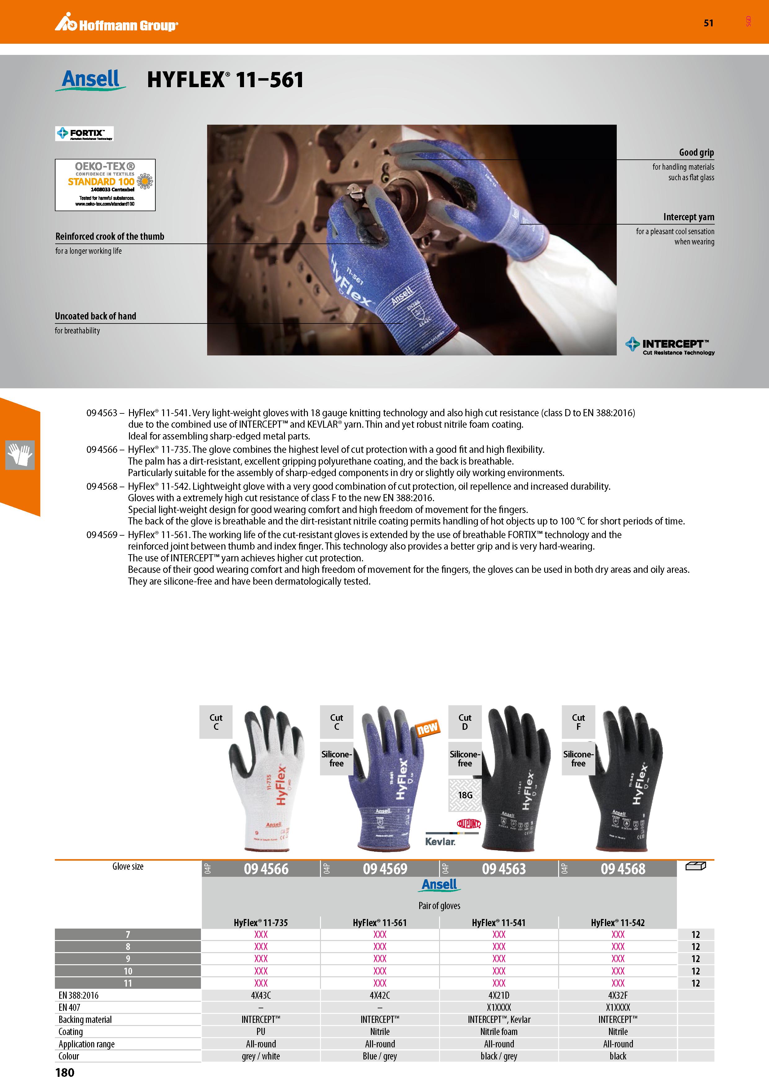 180 Hoffmann Group 51 AnseU HYFLEX' 11-561 Good grip for handling materials such as flat glass Intercept yarn for a pleasant cool sensation when wear Каталог HOFFMANN GROUP 2020 Средства индивидуальной защиты органов зрения дыхания кожи СИЗ от поражения электрическим током шума Защитные перчатки Очки Специальная одежда Стр. 180