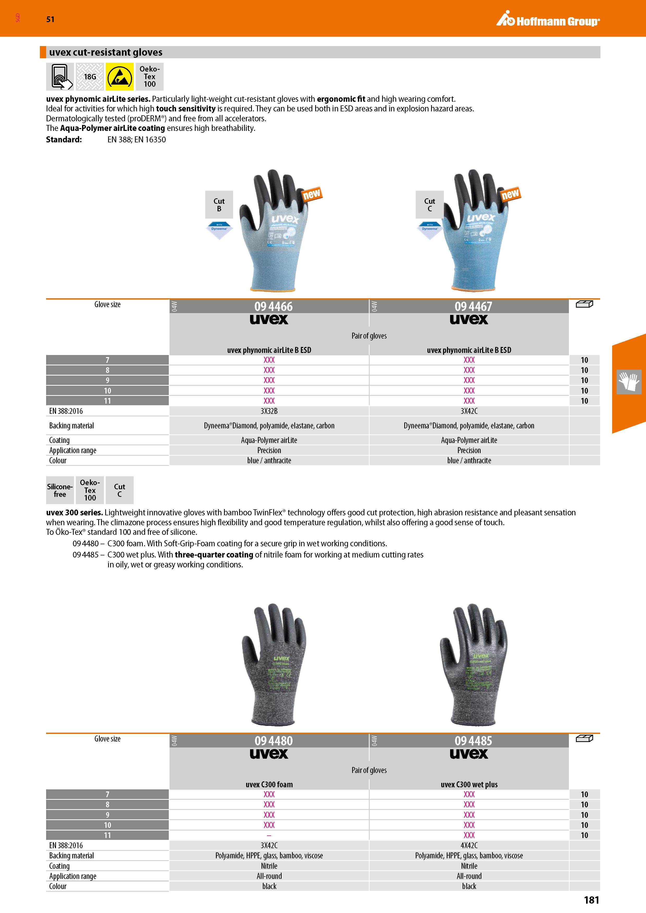 181 SGD Hoffmann Group 51 uvex cut-resistant gloves 18G (£) Oeko- Tex 100 uvex phynomic airLite series Particularly light-weight cut-resistant gloves Каталог HOFFMANN GROUP 2020 Средства индивидуальной защиты органов зрения дыхания кожи СИЗ от поражения электрическим током шума Защитные перчатки Очки Специальная одежда Стр. 181