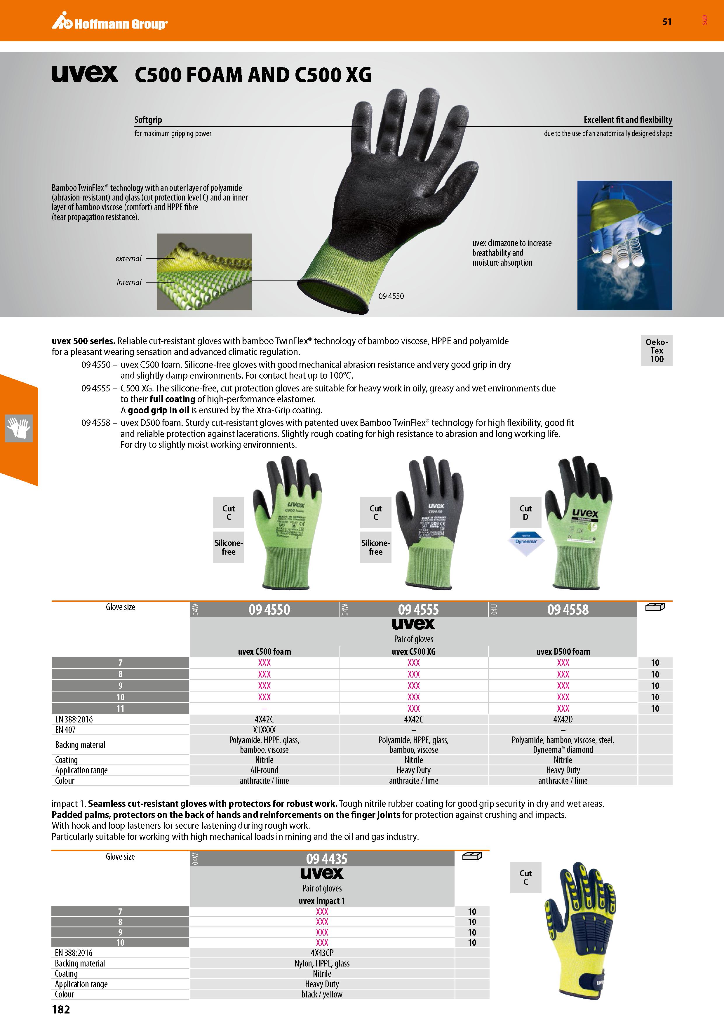 182 Hoffmann Group 51 uvex C500 FOAM AND C500 XG Softgrip for maximum gripping power Bamboo TwinFlex technology with an outer layer of polyamide (abr Каталог HOFFMANN GROUP 2020 Средства индивидуальной защиты органов зрения дыхания кожи СИЗ от поражения электрическим током шума Защитные перчатки Очки Специальная одежда Стр. 182