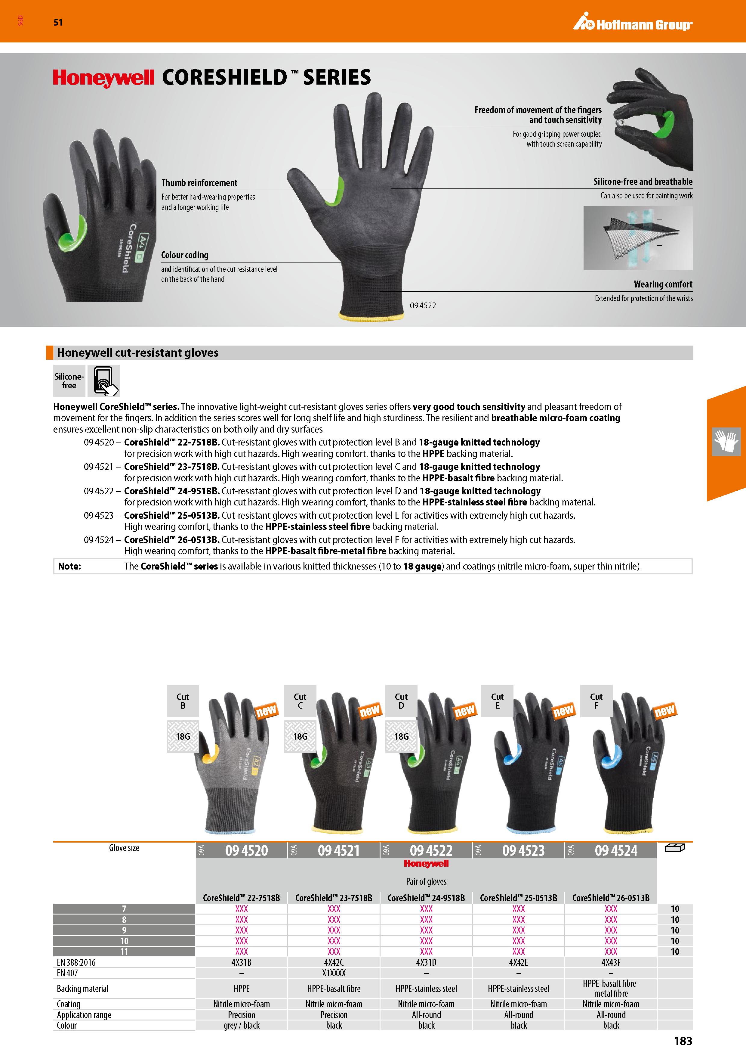183 SGD Hoffmann Group 51 Honeywell CORESHIELD SERIES Thumb reinforcement For better hard-wearing properties and a longer working life Colour coding Каталог HOFFMANN GROUP 2020 Средства индивидуальной защиты органов зрения дыхания кожи СИЗ от поражения электрическим током шума Защитные перчатки Очки Специальная одежда Стр. 183