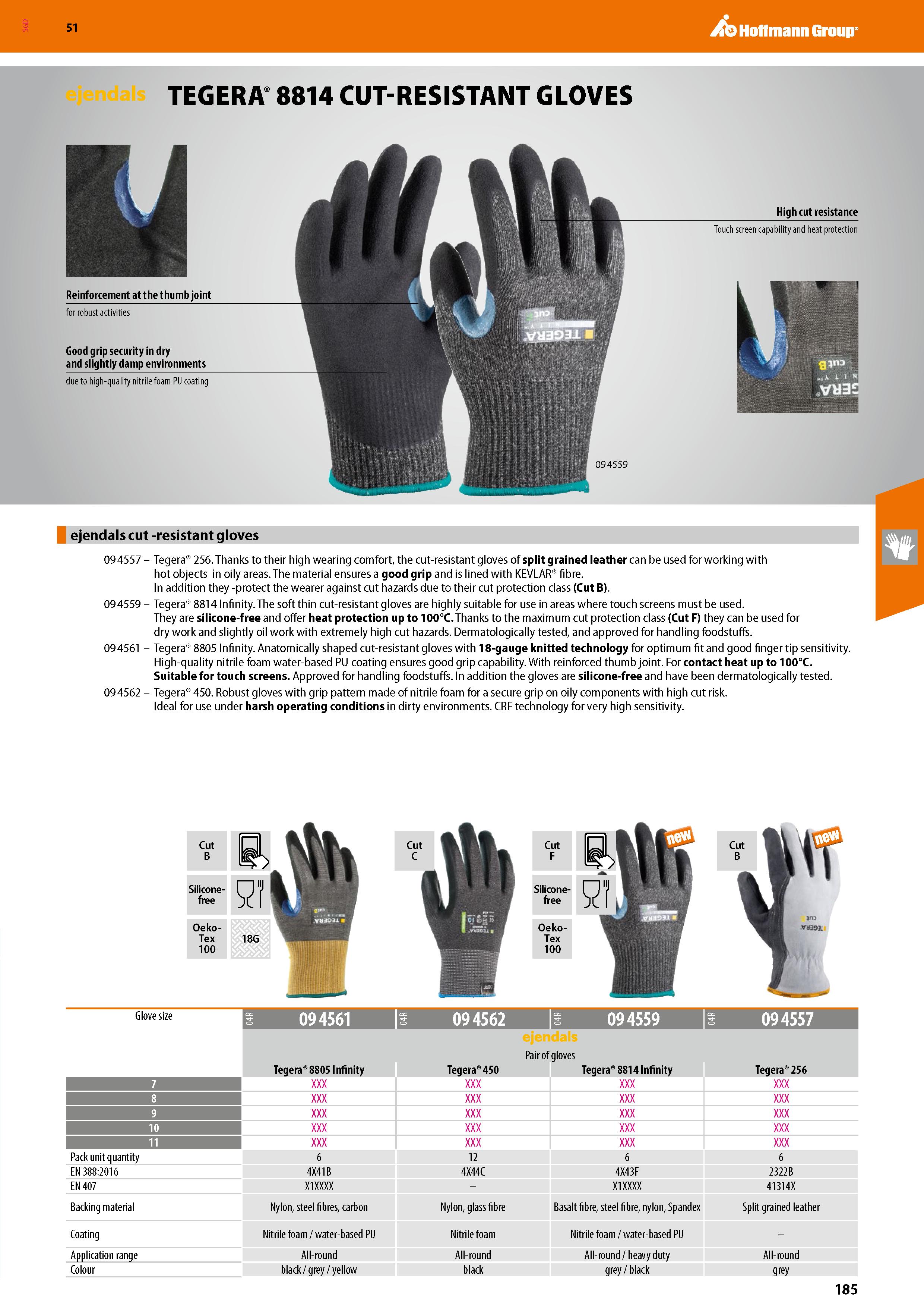 185 SGD Hoffmann Group 51 TEGERA 8814 CUT-RESISTANT GLOVES Reinforcement at the thumb joint for robust activities Good grip security in dry and sligh Каталог HOFFMANN GROUP 2020 Средства индивидуальной защиты органов зрения дыхания кожи СИЗ от поражения электрическим током шума Защитные перчатки Очки Специальная одежда Стр. 185