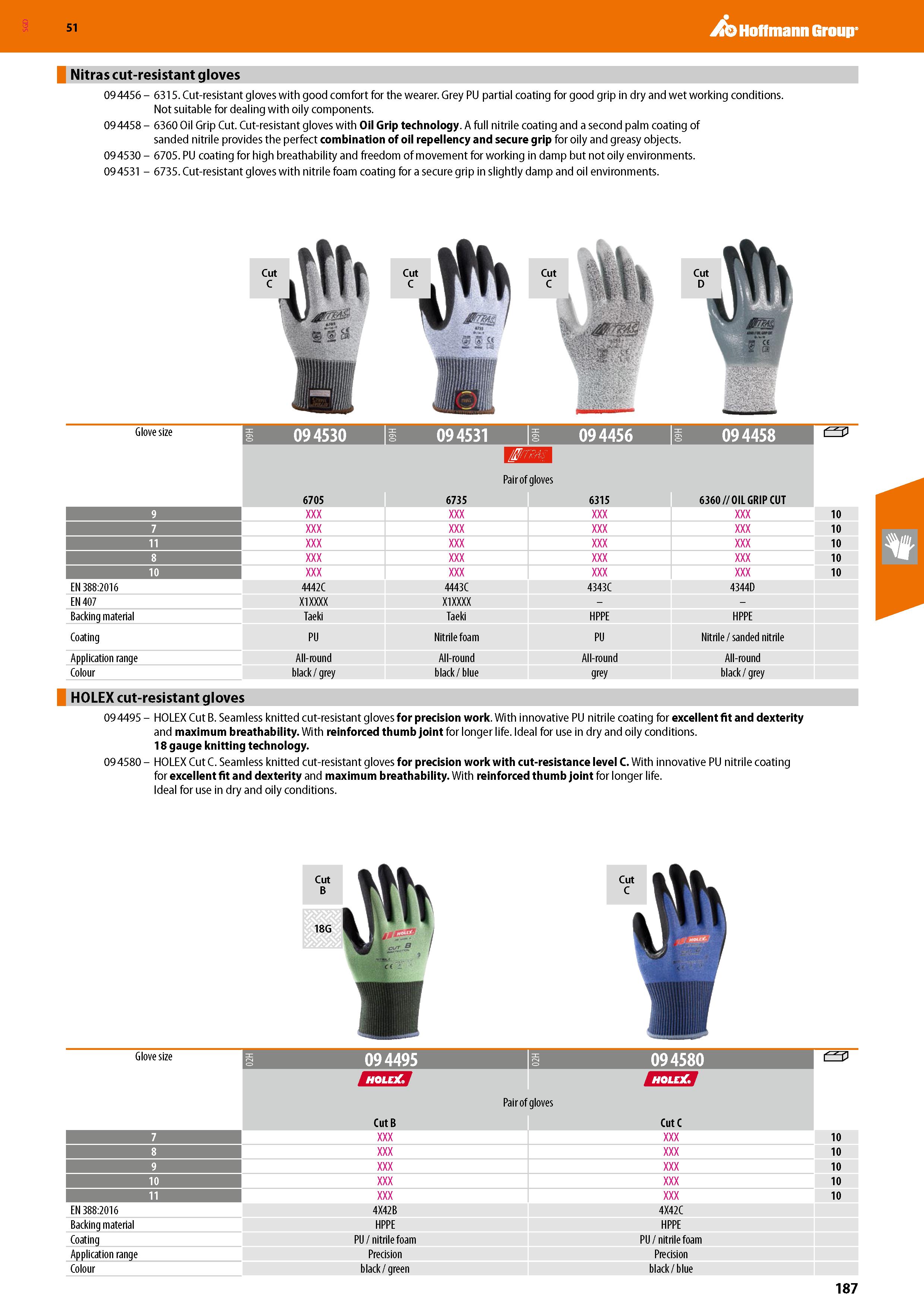 187 SGD Hoffmann Group 51 Nitras cut-resistant gloves 09 4456 - 6315 Cut-resistant gloves with good comfort for the wearer Grey PU partial coating fo Каталог HOFFMANN GROUP 2020 Средства индивидуальной защиты органов зрения дыхания кожи СИЗ от поражения электрическим током шума Защитные перчатки Очки Специальная одежда Стр. 187