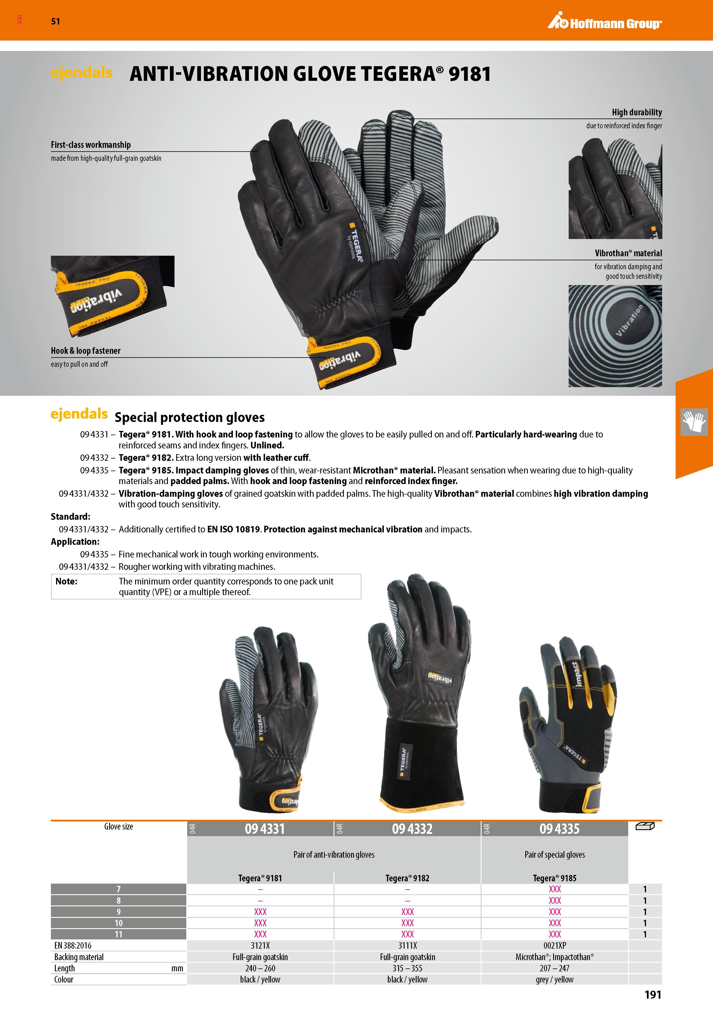 191 SGD Hoffmann Group 51 ANTI-VIBRATION GLOVE TEGERA 9181 First-class workmanship made from high-quality full-grain goatskin Hook & loop fastener ea Каталог HOFFMANN GROUP 2020 Средства индивидуальной защиты органов зрения дыхания кожи СИЗ от поражения электрическим током шума Защитные перчатки Очки Специальная одежда Стр. 191