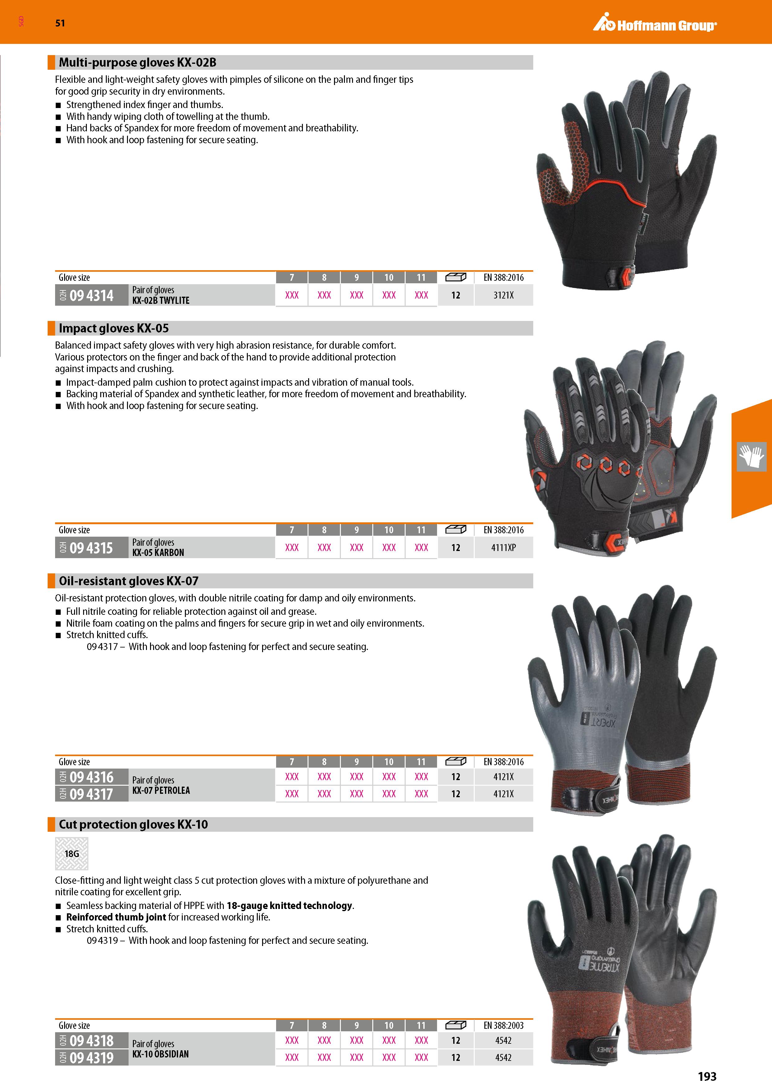 193 SGD Hoffmann Group 51 Multi-purpose gloves KX-02B Flexible and light-weight safety gloves with pimples of silicone on the palm and finger tips fo Каталог HOFFMANN GROUP 2020 Средства индивидуальной защиты органов зрения дыхания кожи СИЗ от поражения электрическим током шума Защитные перчатки Очки Специальная одежда Стр. 193