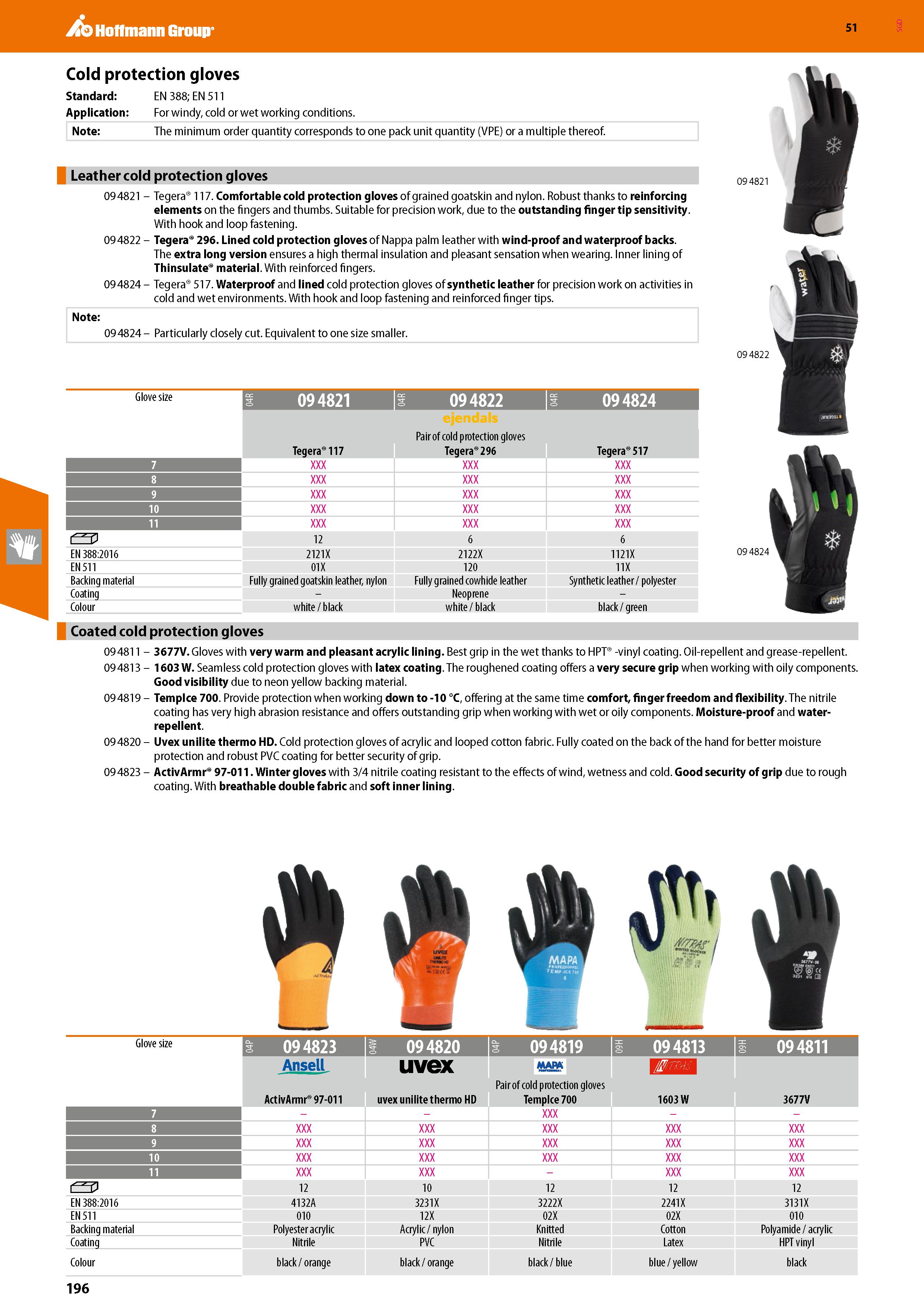 196 Hoffmann Group 51 Cold protection gloves Standard: EN 388; EN 511 Application: For windy, cold or wet working conditions Note: The minimum order Каталог HOFFMANN GROUP 2020 Средства индивидуальной защиты органов зрения дыхания кожи СИЗ от поражения электрическим током шума Защитные перчатки Очки Специальная одежда Стр. 196