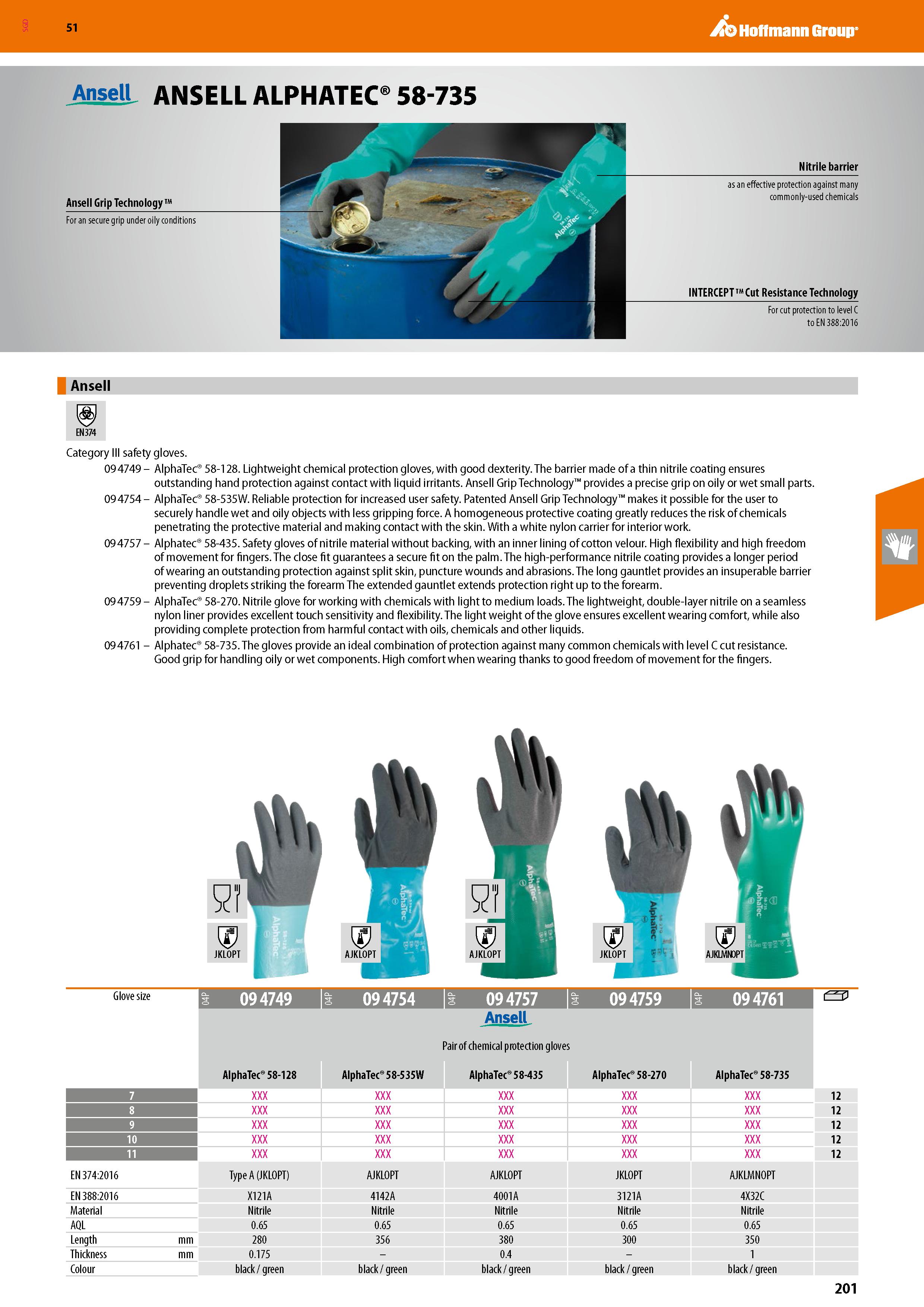 201 SGD Hoffmann Group 51 AnseU ANSELL ALPHATEC 58-735 Ansell Category III safety gloves 09 4749 - AlphaTec 58-128 Lightweight chemical protection gl Каталог HOFFMANN GROUP 2020 Средства индивидуальной защиты органов зрения дыхания кожи СИЗ от поражения электрическим током шума Защитные перчатки Очки Специальная одежда Стр. 201