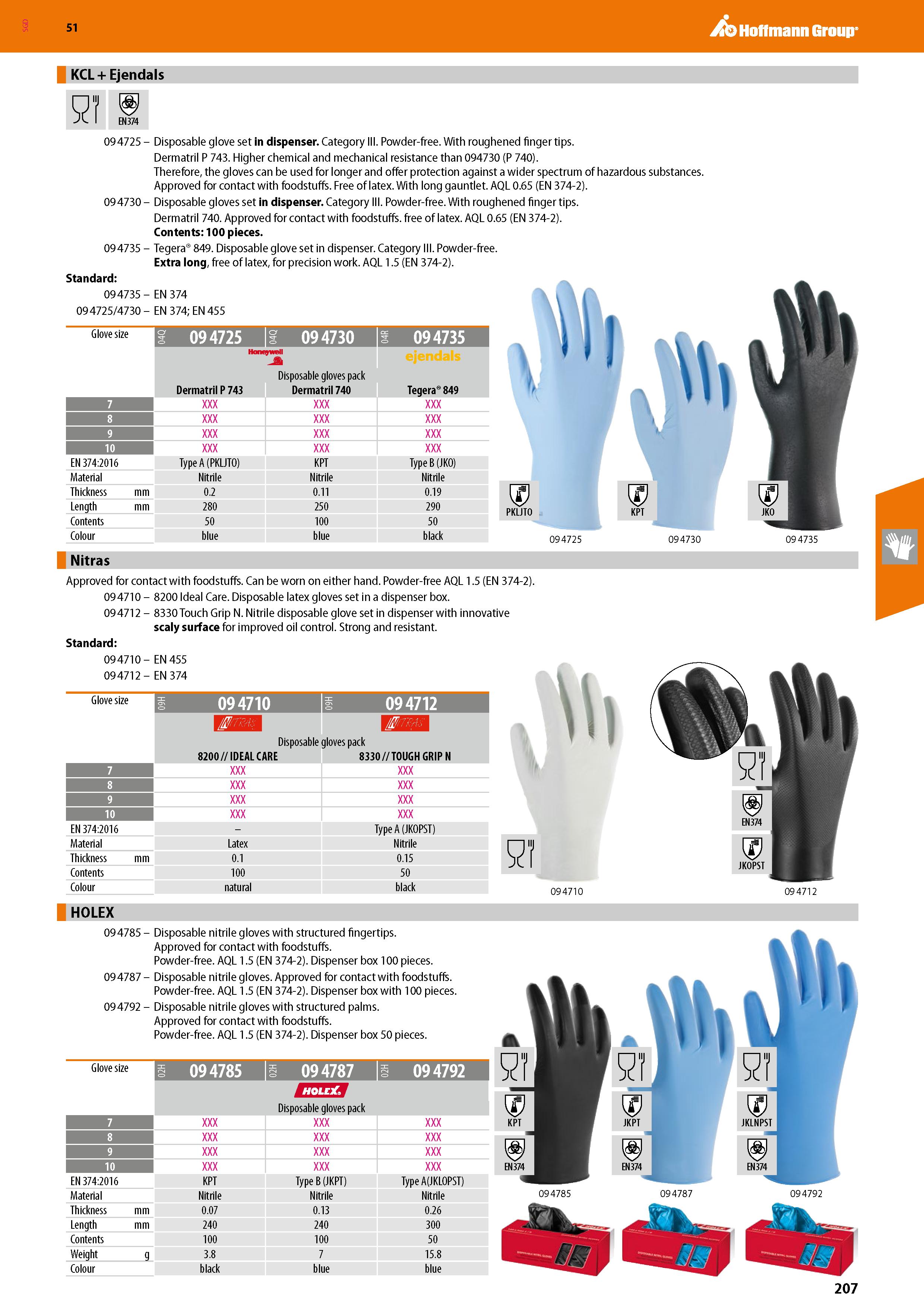 207 SGD Hoffmann Group 51 KCL + Ejendals EN374 09 4725 - Disposable glove set in dispenser Category III Powder-free With roughened finger tips Dermat Каталог HOFFMANN GROUP 2020 Средства индивидуальной защиты органов зрения дыхания кожи СИЗ от поражения электрическим током шума Защитные перчатки Очки Специальная одежда Стр. 207