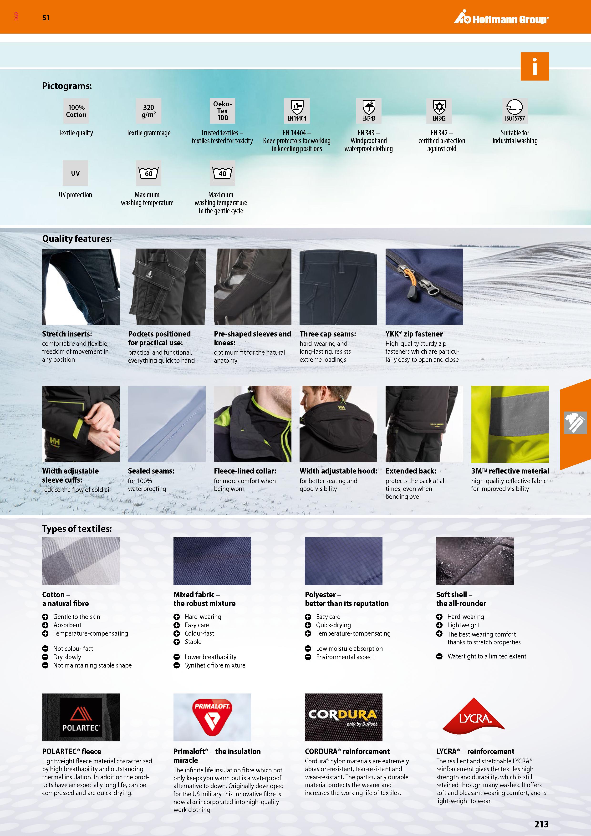 213 SGD Hoffmann Group 51 Pictograms: 100% Cotton Textile quality 320 g/m2 Textile grammage Oeko- Tex 100 EN14404 Trusted textiles - EN 14404 - texti Каталог HOFFMANN GROUP 2020 Средства индивидуальной защиты органов зрения дыхания кожи СИЗ от поражения электрическим током шума Защитные перчатки Очки Специальная одежда Стр. 213