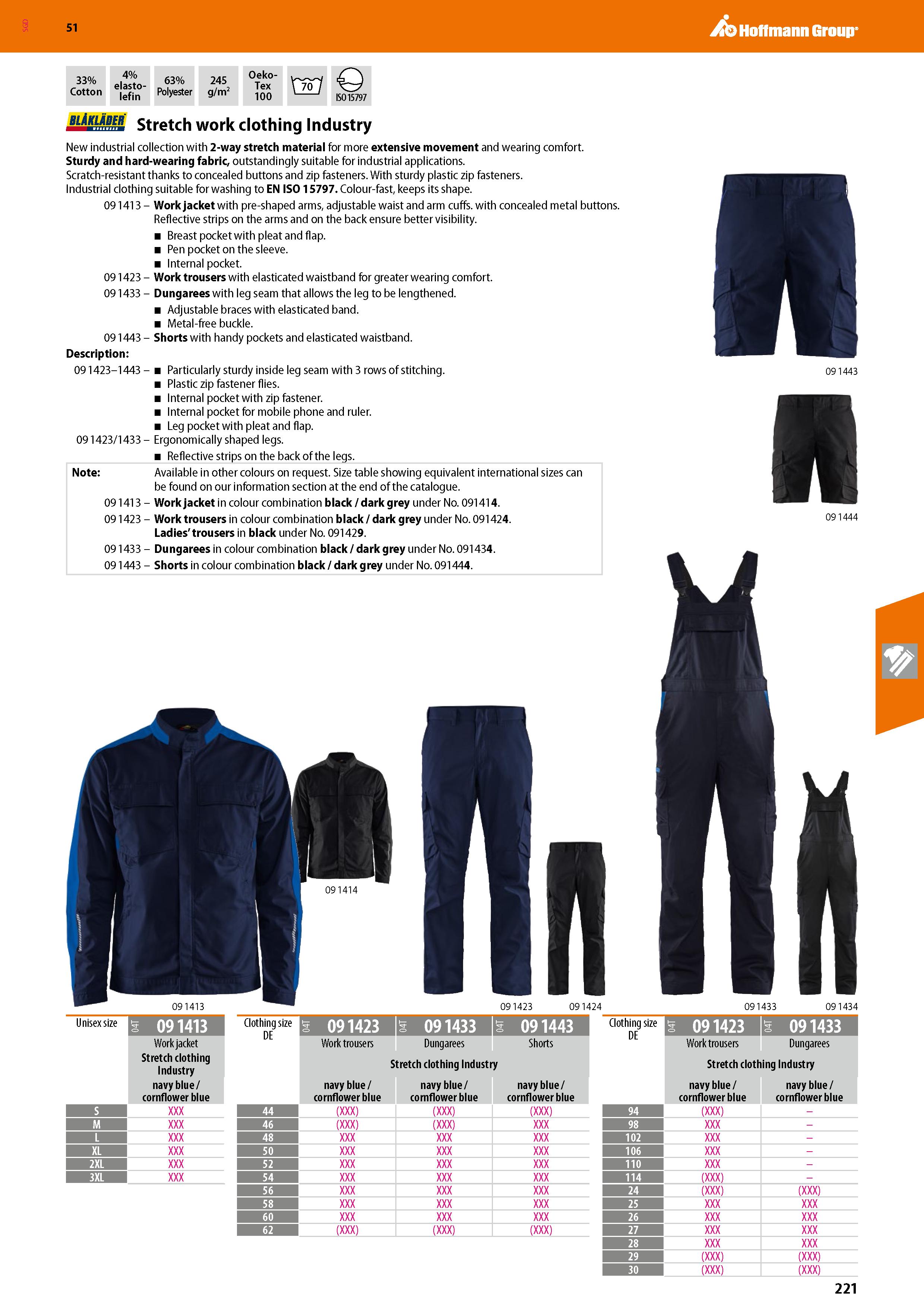 221 SGD Hoffmann Group 51 33% Cotton 4% elasto- lefin 63% Polyester 245 g/m2 Oeko- Tex 100 oy ISO 15797 biAklader Stretch work clothing Industry New Каталог HOFFMANN GROUP 2020 Средства индивидуальной защиты органов зрения дыхания кожи СИЗ от поражения электрическим током шума Защитные перчатки Очки Специальная одежда Стр. 221