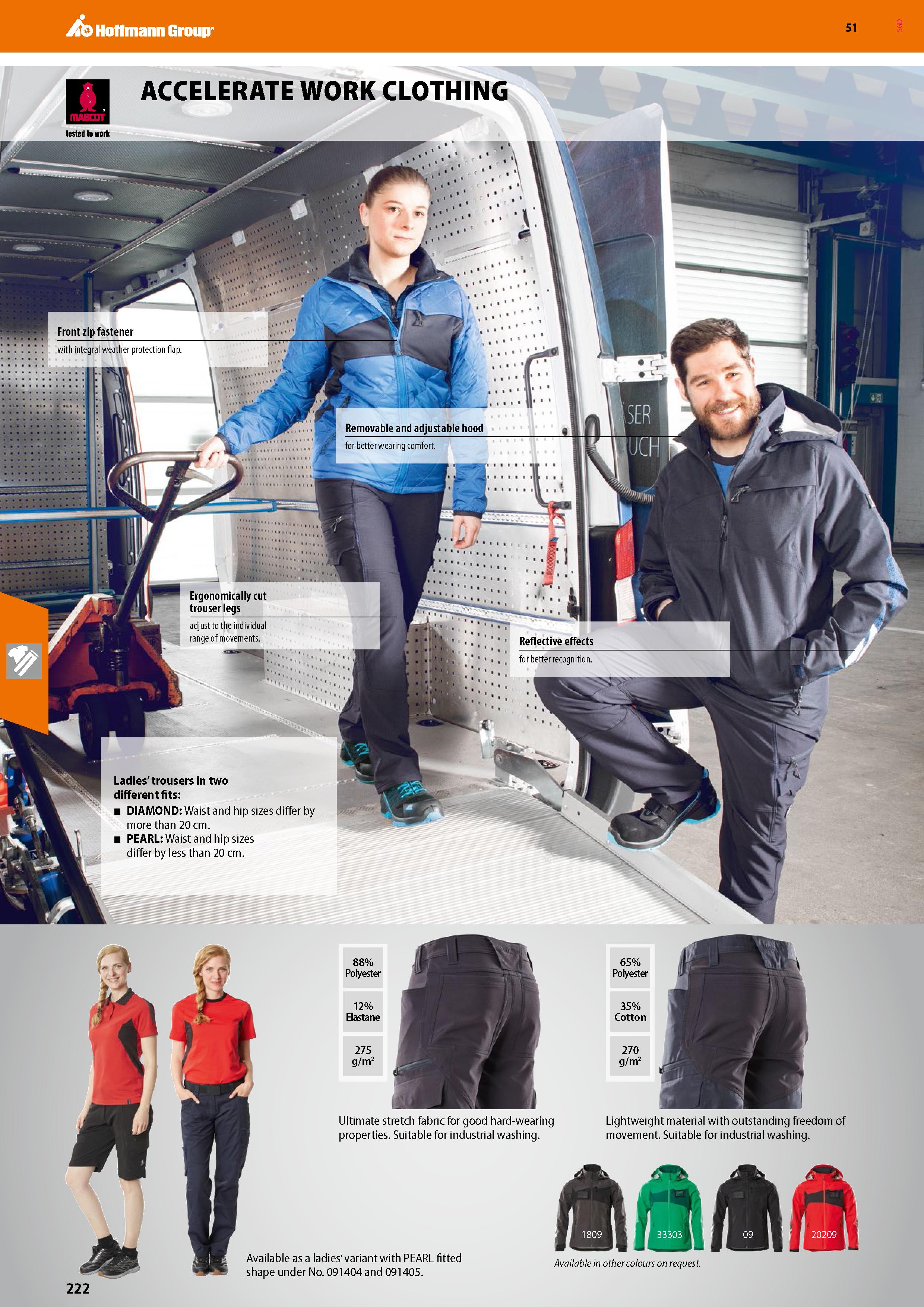222 Hoffmann Group 51 ACCELERATE WORK CLOTHING Available as a ladies' variant with PEARL fitted shape under No 091404 and 091405 Available in other c Каталог HOFFMANN GROUP 2020 Средства индивидуальной защиты органов зрения дыхания кожи СИЗ от поражения электрическим током шума Защитные перчатки Очки Специальная одежда Стр. 222