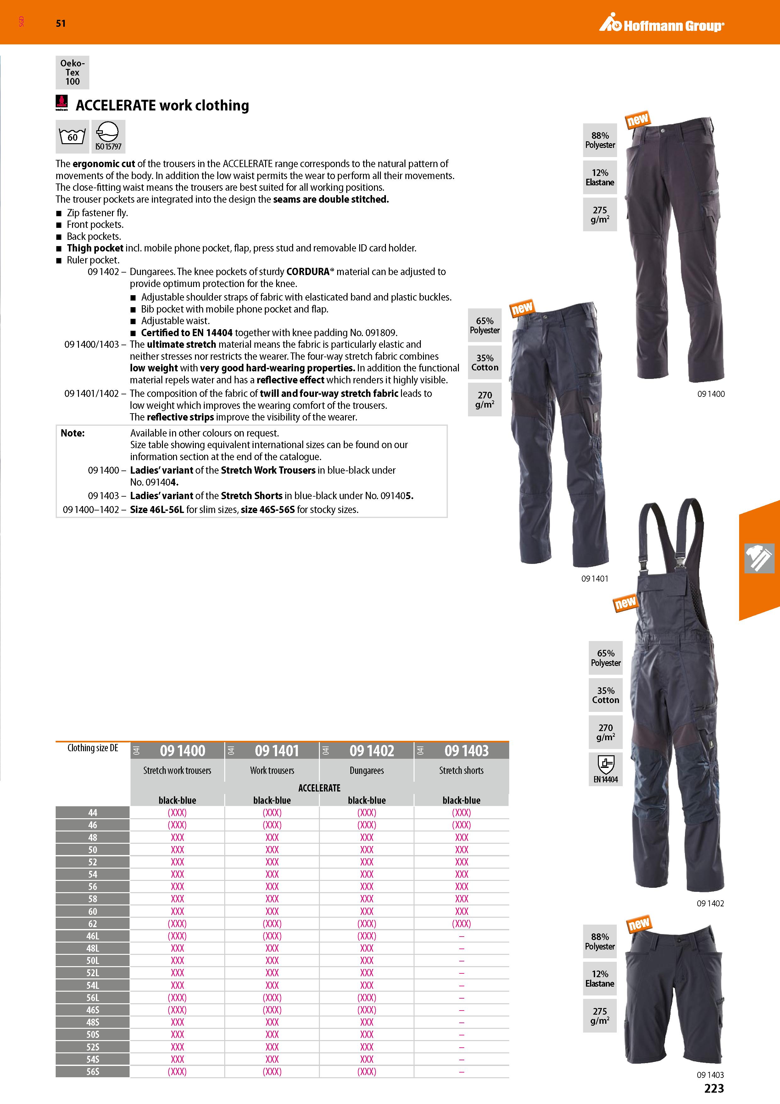 223 SGD Hoffmann Group 51 Oeko- Tex 100 S ACCELERATE work clothing \jo7 Q ISO 15797 The ergonomic cut of the trousers in the ACCELERATE range corresp Каталог HOFFMANN GROUP 2020 Средства индивидуальной защиты органов зрения дыхания кожи СИЗ от поражения электрическим током шума Защитные перчатки Очки Специальная одежда Стр. 223