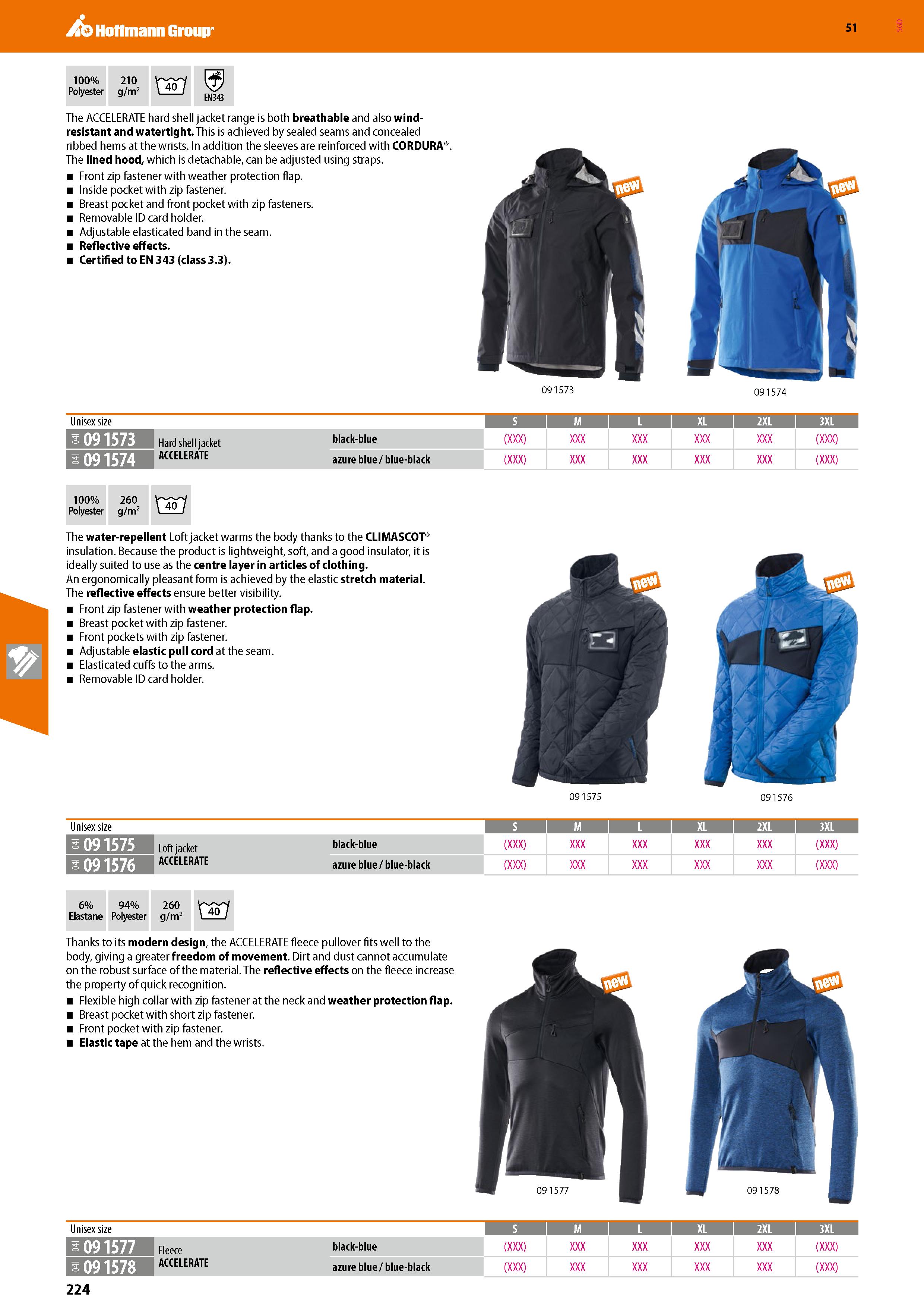 224 Hoffmann Group 51 100% 210 Polyester g/m2 EN343 The ACCELERATE hard shell jacket range is both breathable and also wind-resistant and watertight Каталог HOFFMANN GROUP 2020 Средства индивидуальной защиты органов зрения дыхания кожи СИЗ от поражения электрическим током шума Защитные перчатки Очки Специальная одежда Стр. 224