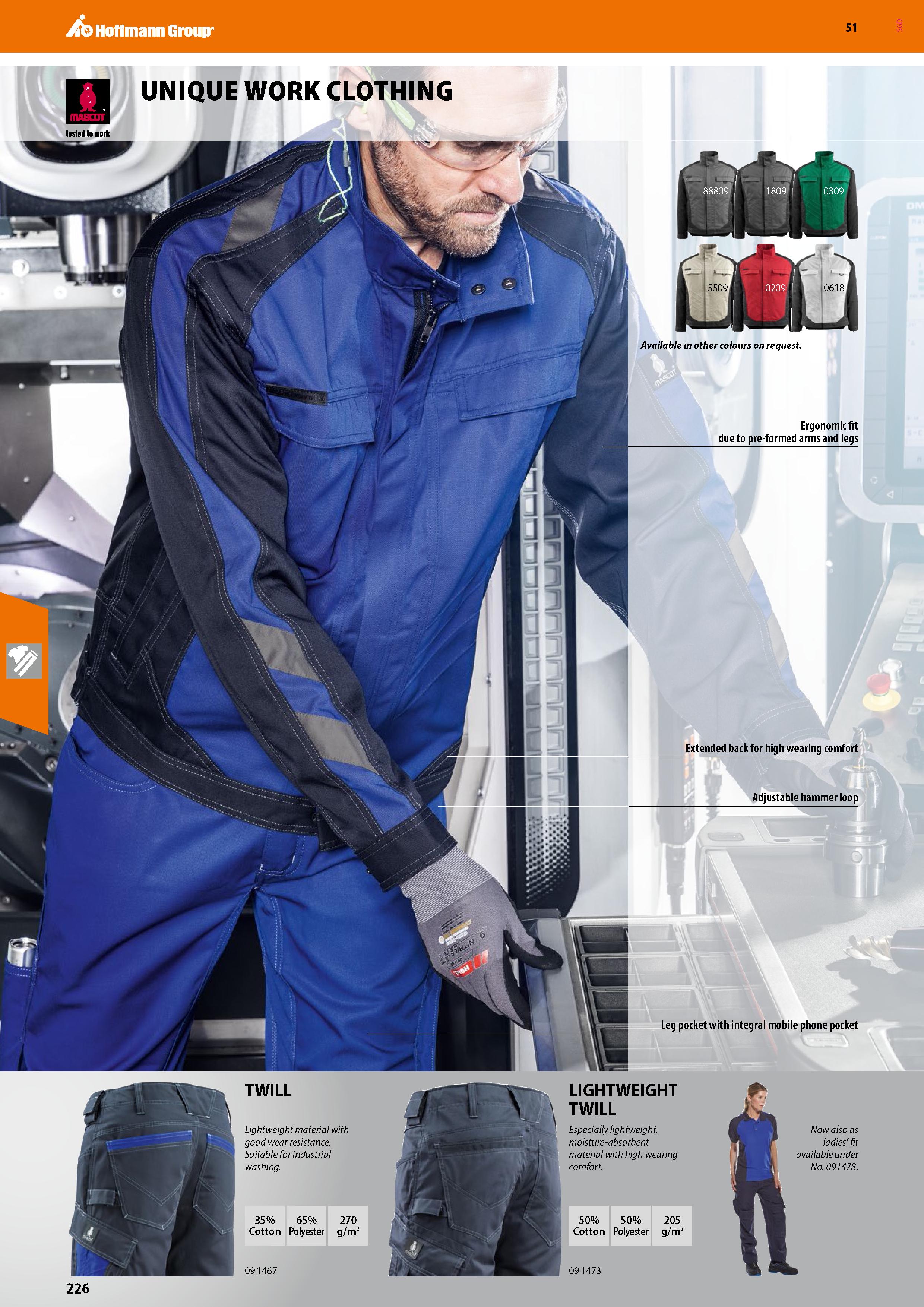 226 Hoffmann Group 51 UNIQUE WORK CLOTHING Available in other colours on request Ergonomic fit due to pre-formed arms and legs Extended back for high Каталог HOFFMANN GROUP 2020 Средства индивидуальной защиты органов зрения дыхания кожи СИЗ от поражения электрическим током шума Защитные перчатки Очки Специальная одежда Стр. 226