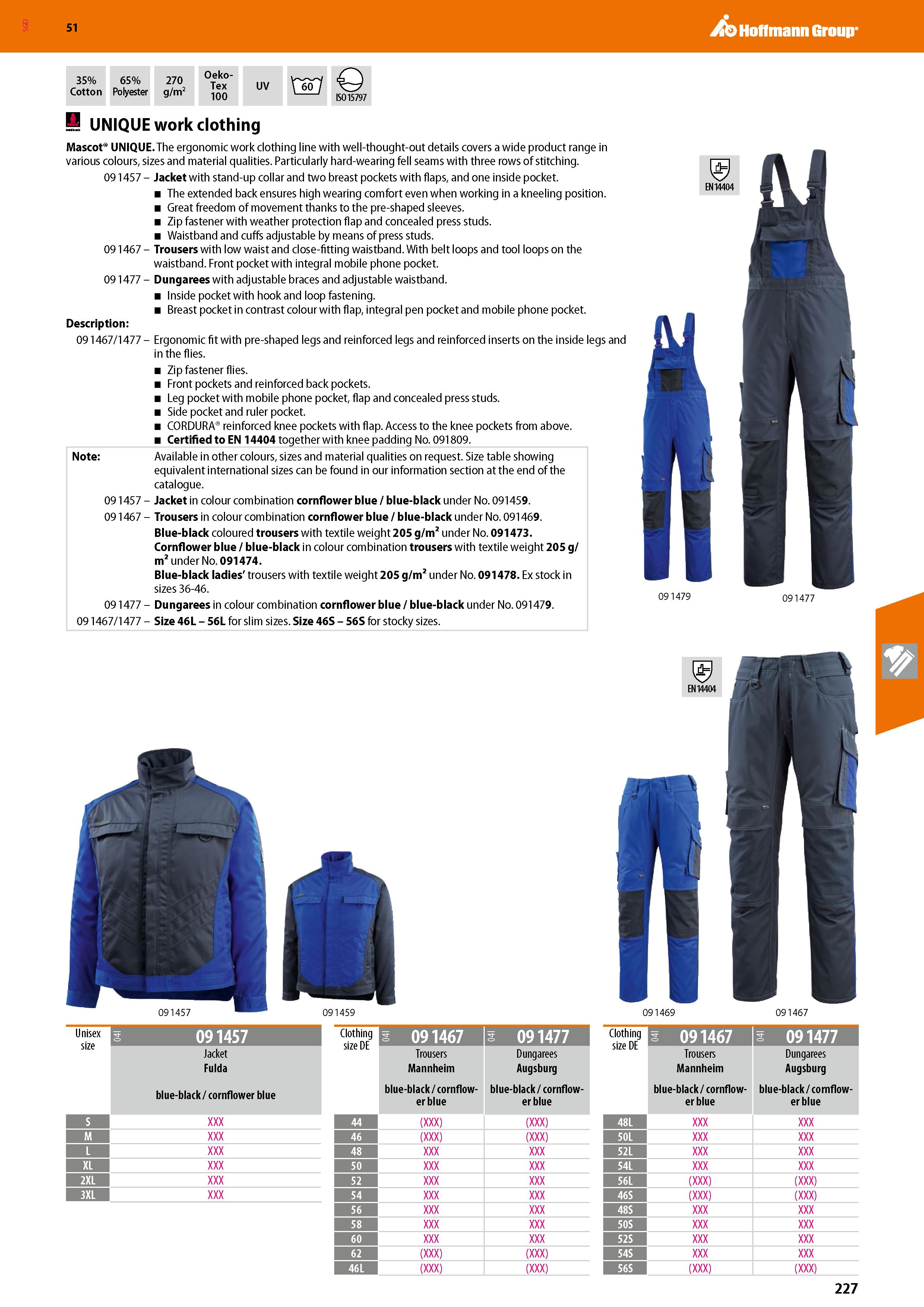 227 SGD Hoffmann Group 51 35% Cotton 65% Polyester 270 g/m2 Oeko- Tex 100 UV 'mn Q ISO 15797 S UNIQUE work clothing Mascot UNIQUE The ergonomic work Каталог HOFFMANN GROUP 2020 Средства индивидуальной защиты органов зрения дыхания кожи СИЗ от поражения электрическим током шума Защитные перчатки Очки Специальная одежда Стр. 227
