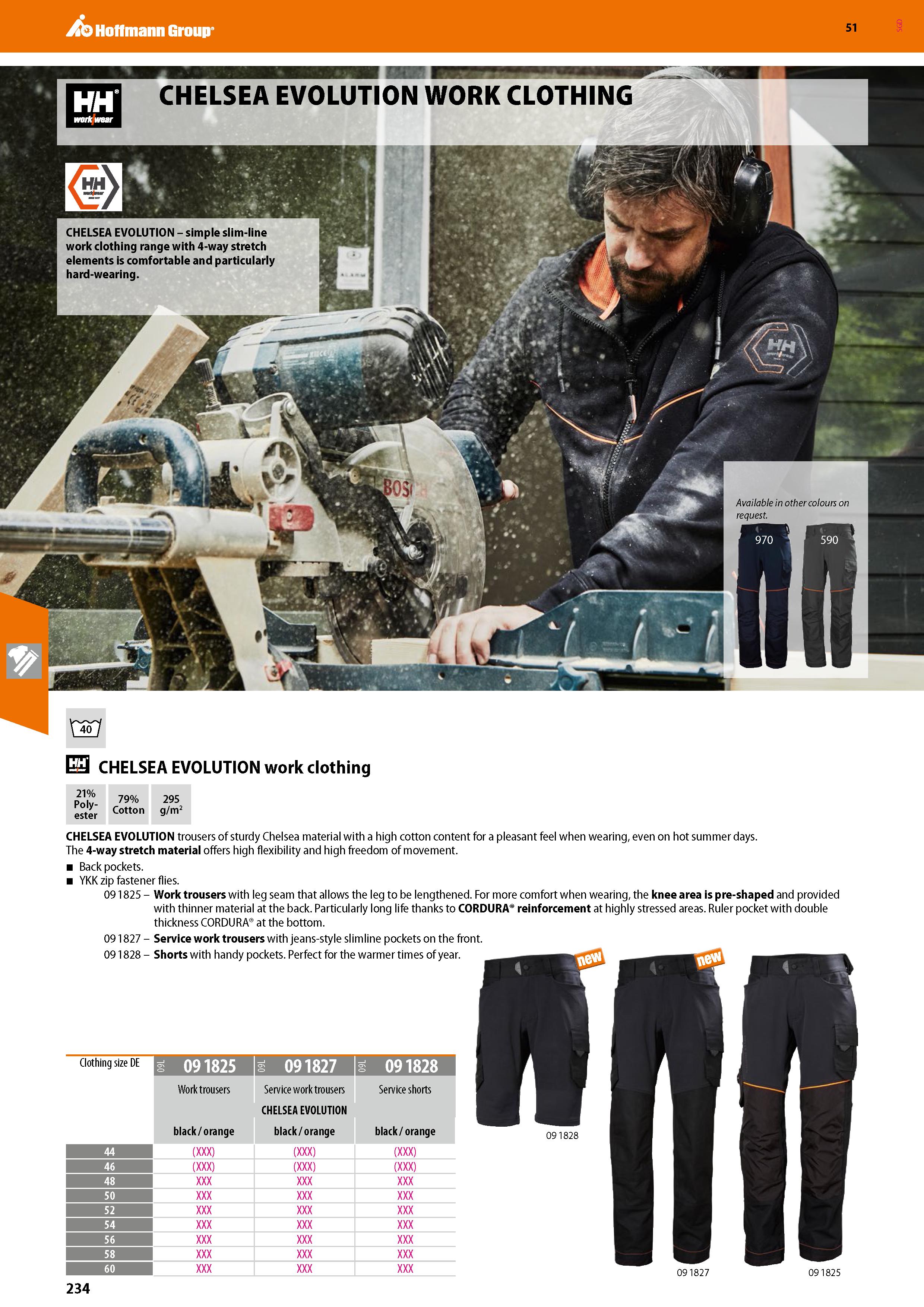 234 Hoffmann Group 51 EH3 CHELSEA EVOLUTION work clothing PZ 79% 295 e ter Cotton g/m2 CHELSEA EVOLUTION trousers of sturdy Chelsea material with a h Каталог HOFFMANN GROUP 2020 Средства индивидуальной защиты органов зрения дыхания кожи СИЗ от поражения электрическим током шума Защитные перчатки Очки Специальная одежда Стр. 234