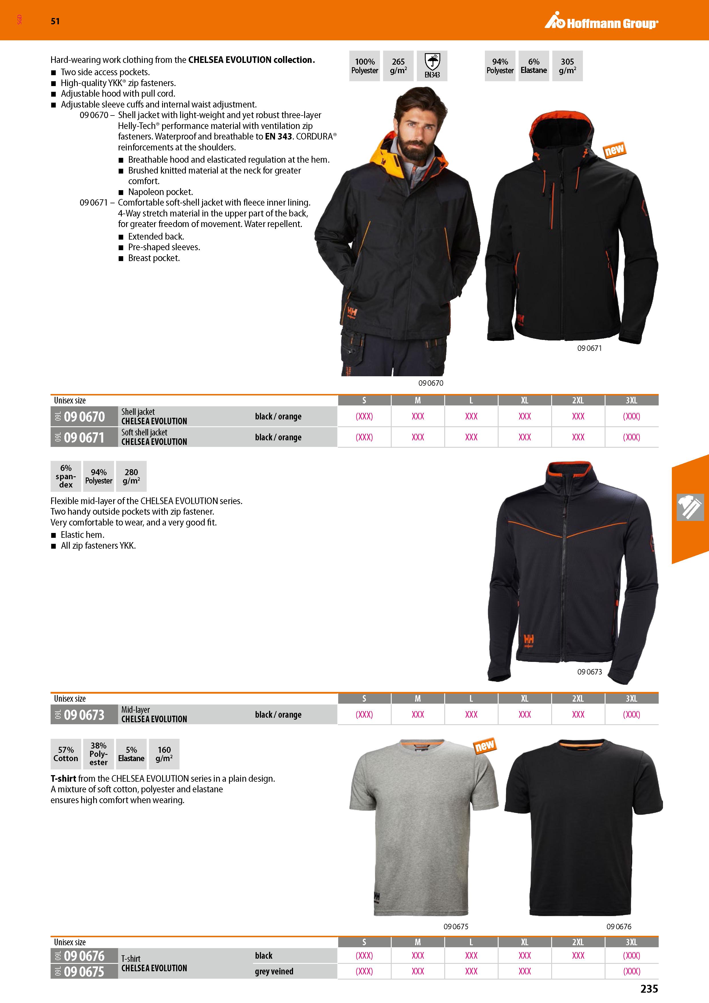 235 SGD Hoffmann Group 51 Hard-wearing work clothing from the CHELSEA EVOLUTION collection Two side access pockets High-quality YKK zip fasteners Adj Каталог HOFFMANN GROUP 2020 Средства индивидуальной защиты органов зрения дыхания кожи СИЗ от поражения электрическим током шума Защитные перчатки Очки Специальная одежда Стр. 235