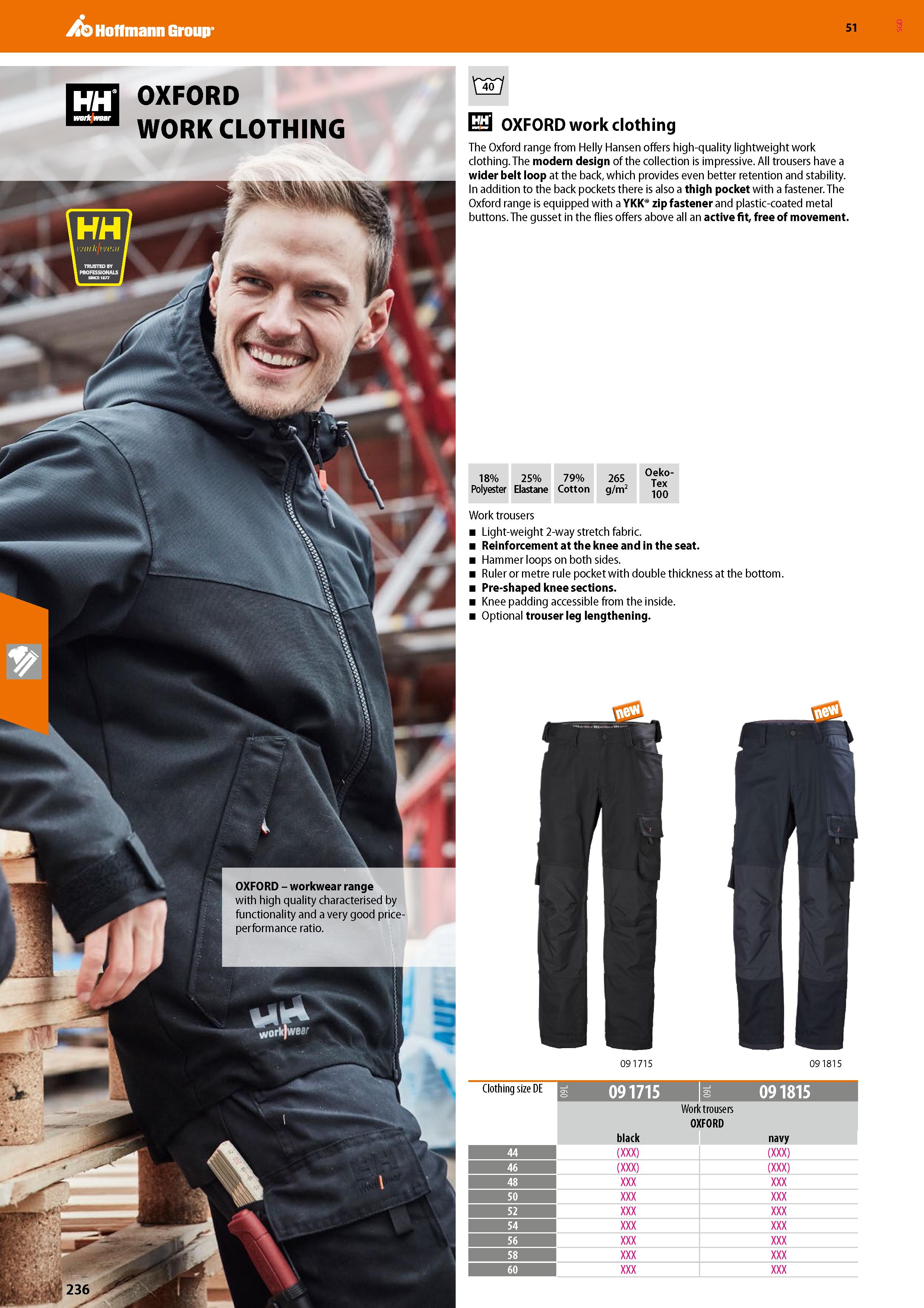 236 Hoffmann Group 51 HH OXFORD WORK CLOTHING ESI OXFORD work clothing The Oxford range from Helly Hansen offers high-quality lightweight work clothi Каталог HOFFMANN GROUP 2020 Средства индивидуальной защиты органов зрения дыхания кожи СИЗ от поражения электрическим током шума Защитные перчатки Очки Специальная одежда Стр. 236