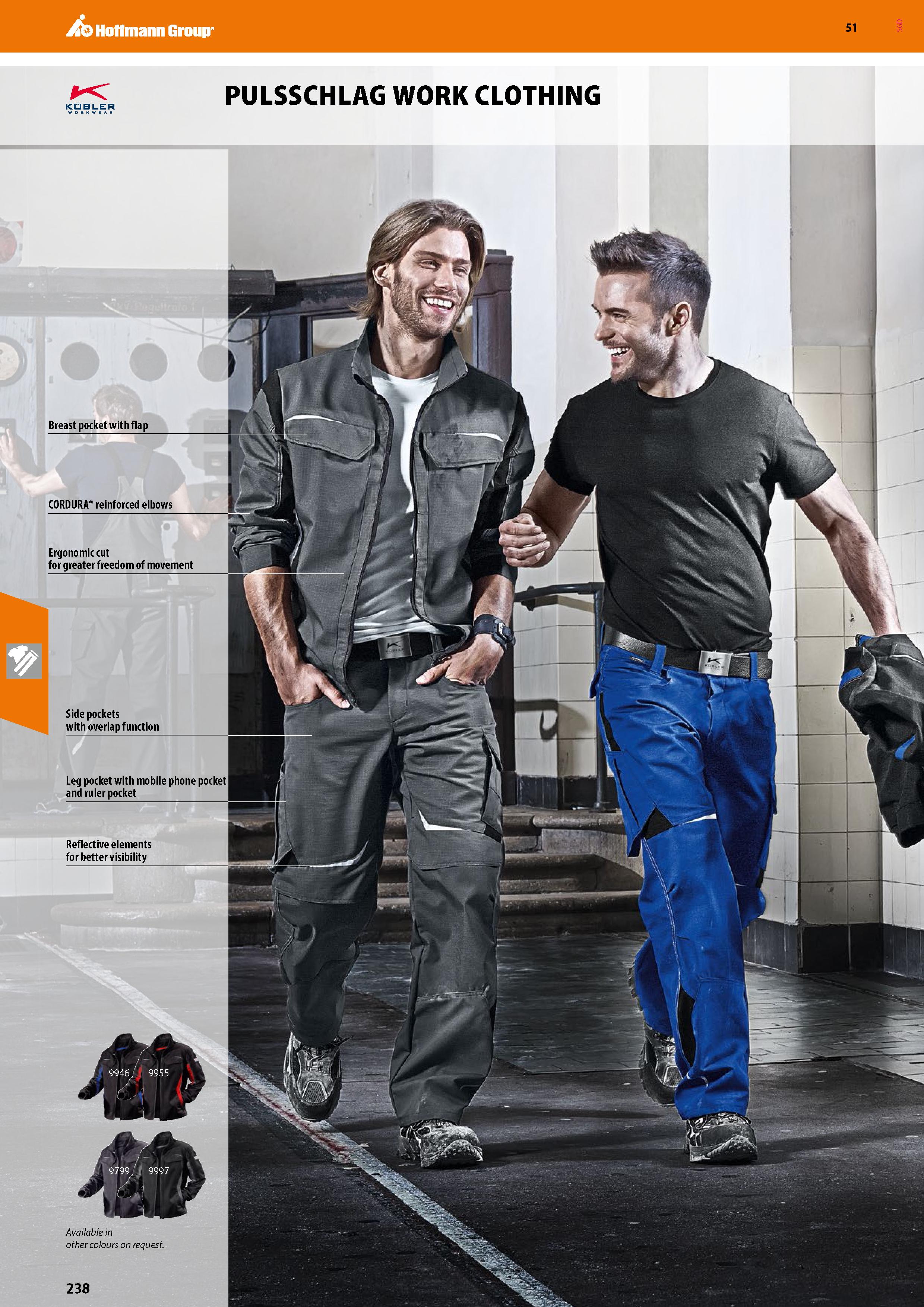 238 Hoffmann Group 51 b KUBLER PULSSCHLAG WORK CLOTHING CORDURA reinforced elbows Ergonomic cut for greater freedom of movement Side pockets with ove Каталог HOFFMANN GROUP 2020 Средства индивидуальной защиты органов зрения дыхания кожи СИЗ от поражения электрическим током шума Защитные перчатки Очки Специальная одежда Стр. 238